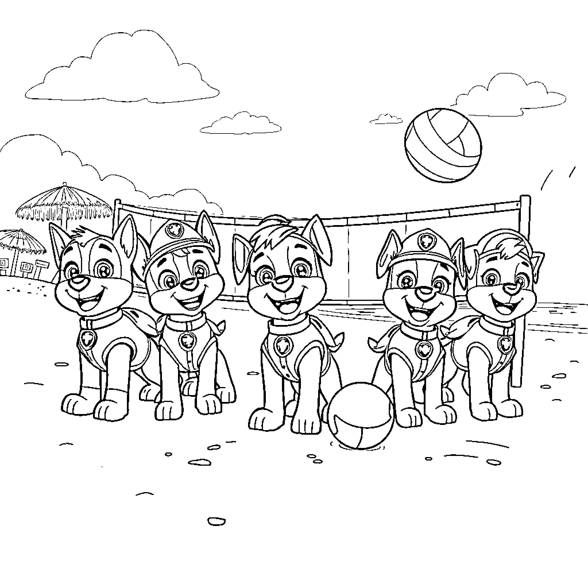 Paw Patrol playing together on the beach Coloring Page (free black-and-white line drawing printable PDF for all, from beginners to advanced learners, including children, teens, adults, and seniors)