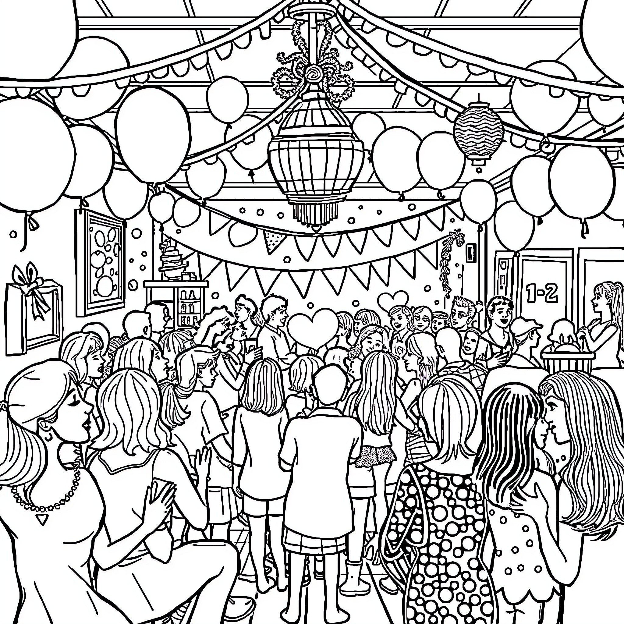 Party Room Filled with Celebratory Crowd and Decorations Coloring Page (free black-and-white line drawing printable PDF for all, from beginners to advanced learners, including children, teens, adults, and seniors)