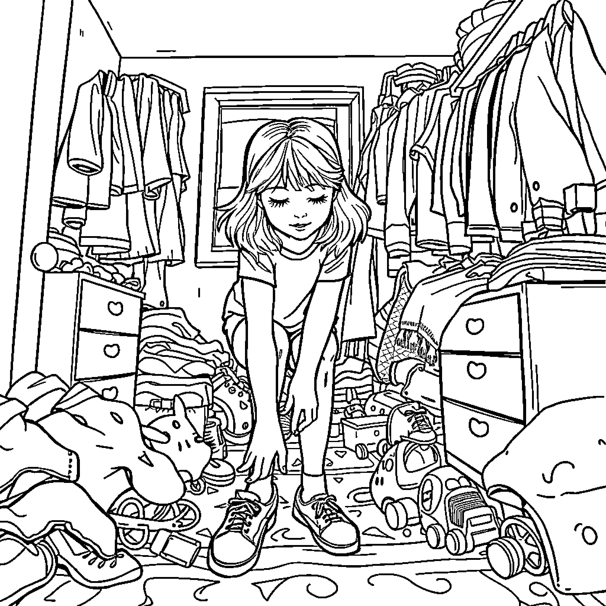 Girl standing in messy room surrounded by clothes and belongings Coloring Page (free black-and-white line drawing printable PDF for all, from beginners to advanced learners, including children, teens, adults, and seniors)
