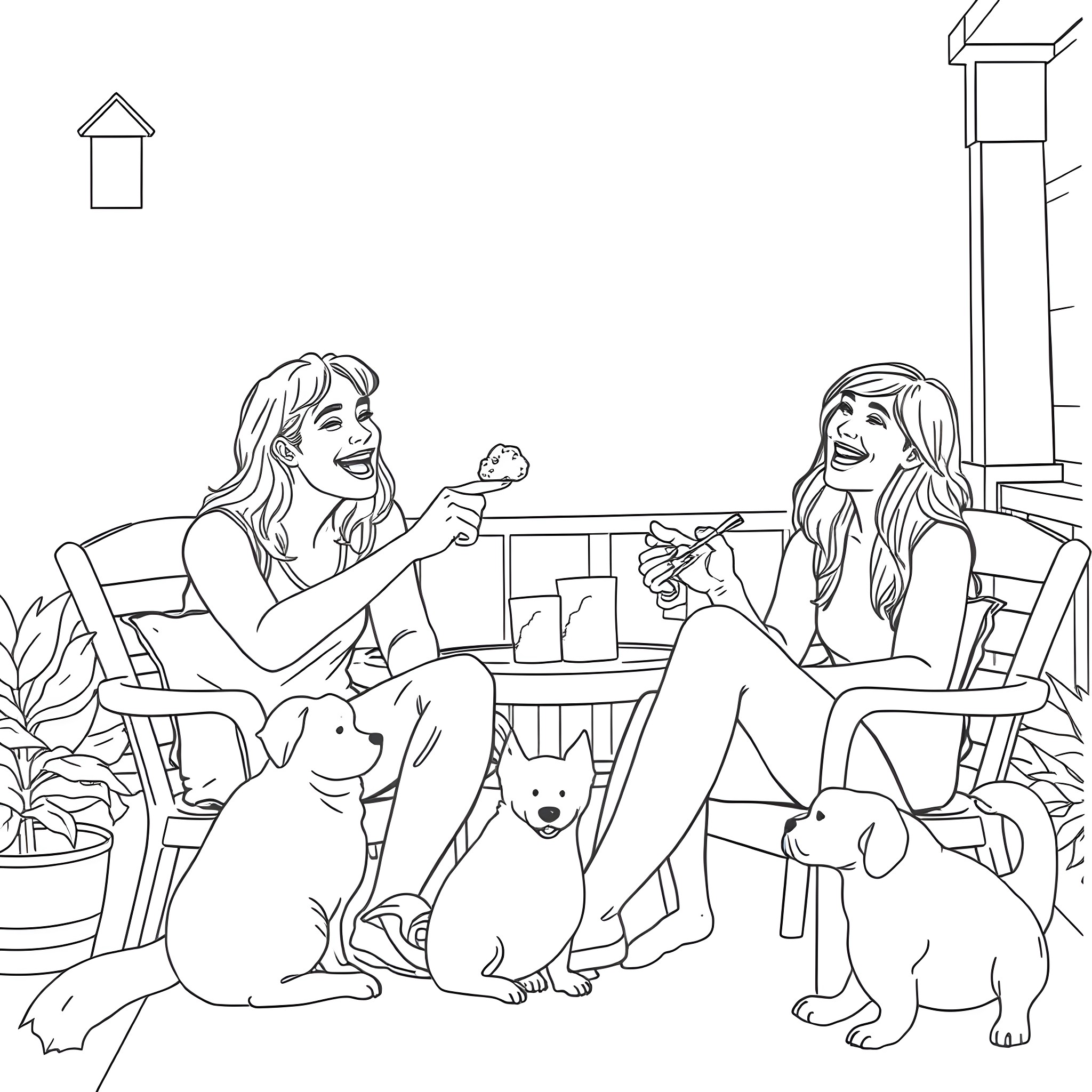 Friends enjoying outdoor time with their dogs Coloring Page (free black-and-white line drawing printable PDF for all, from beginners to advanced learners, including children, teens, adults, and seniors)