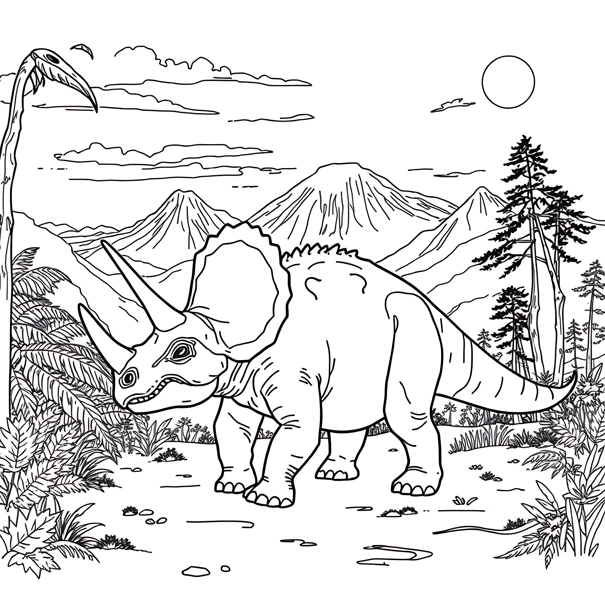 Triceratops exploring the prehistoric landscape Coloring Page (free black-and-white line drawing printable PDF for all, from beginners to advanced learners, including children, teens, adults, and seniors)
