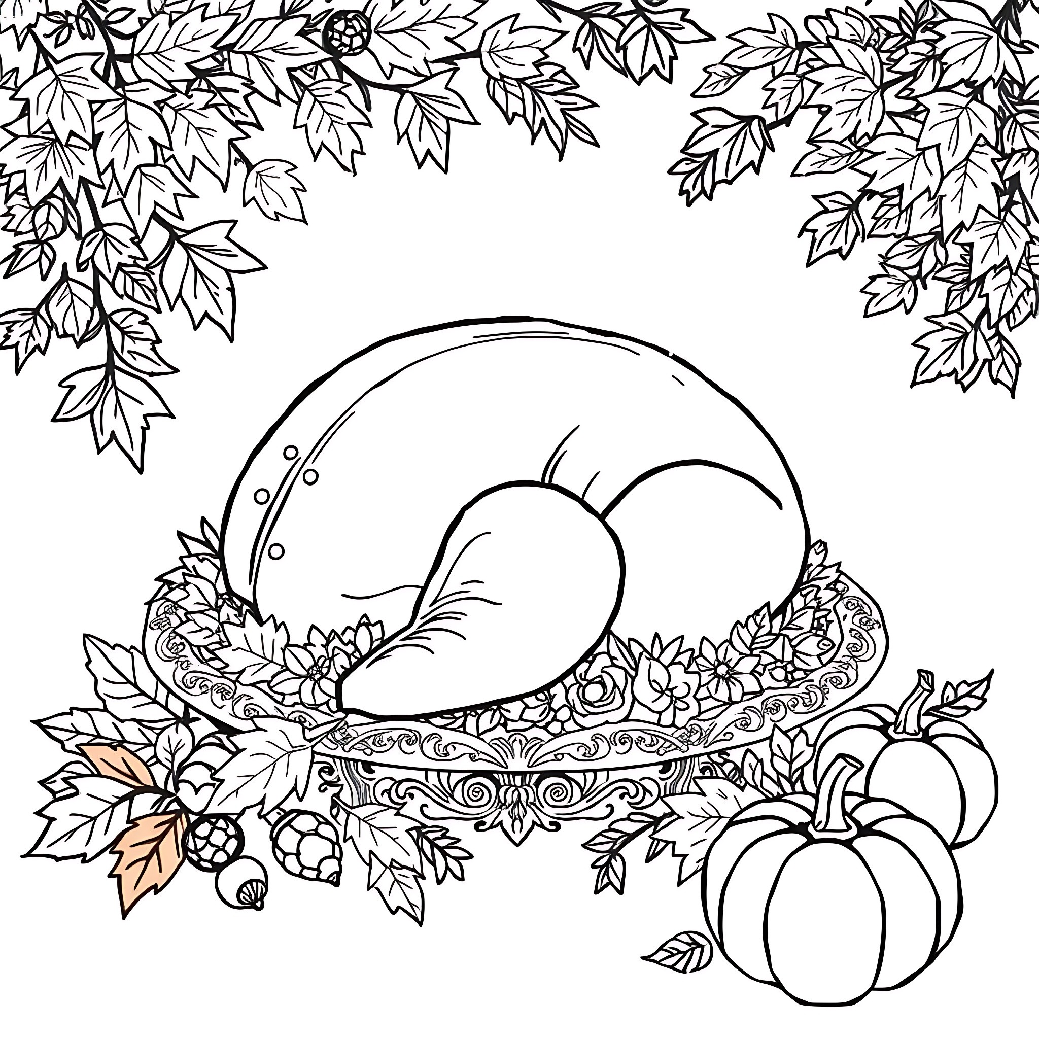 Turkey surrounded by autumn leaves and pumpkins Coloring Page (free black-and-white line drawing printable PDF for all, from beginners to advanced learners, including children, teens, adults, and seniors)
