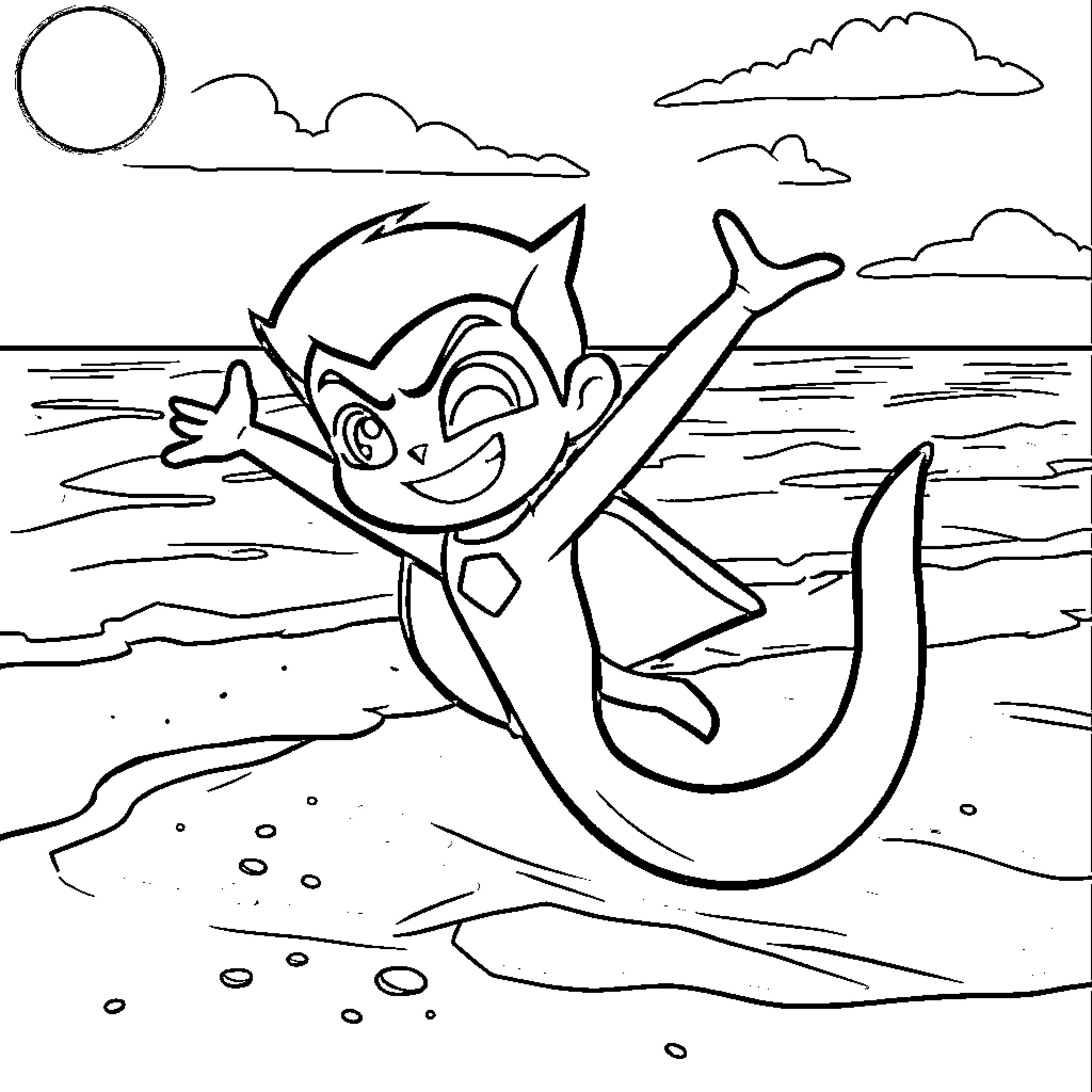 Danny Phantom swimming happily in the ocean Coloring Page (free black-and-white line drawing printable PDF for all, from beginners to advanced learners, including children, teens, adults, and seniors)
