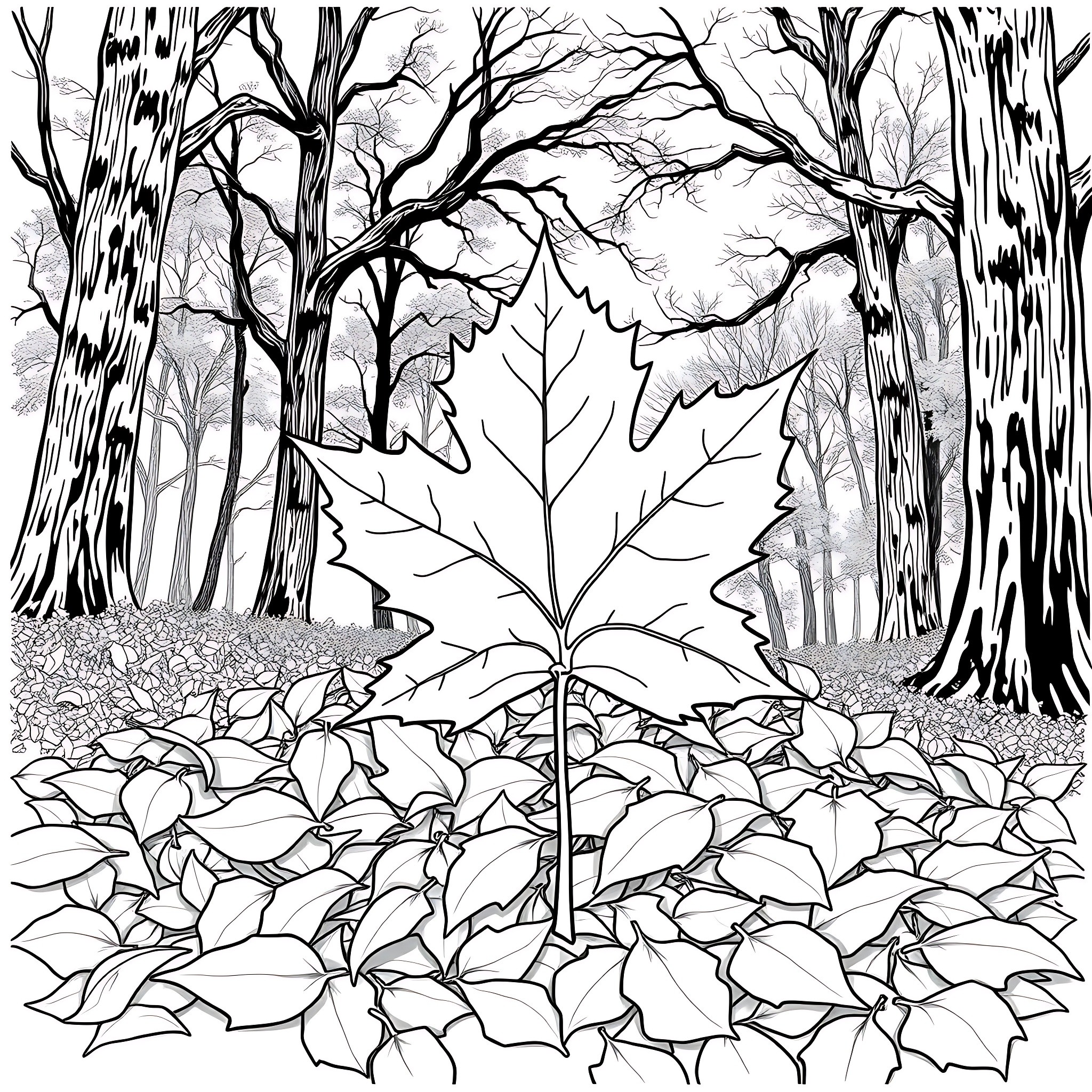 Maple Leaf in the Autumn Forest Landscape Coloring Page (free black-and-white line drawing printable PDF for all, from beginners to advanced learners, including children, teens, adults, and seniors)
