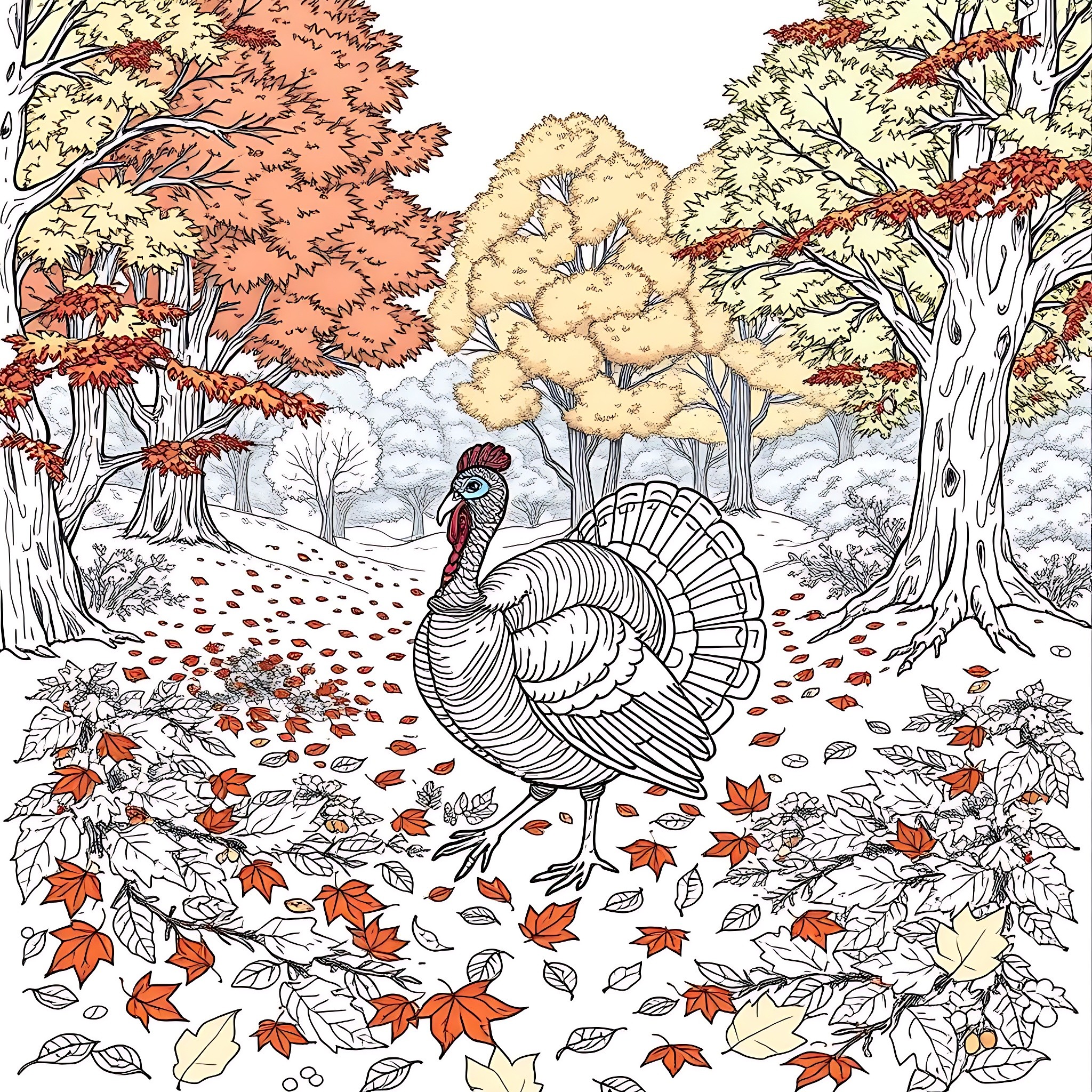 Turkey exploring the colorful autumn forest Coloring Page (free black-and-white line drawing printable PDF for all, from beginners to advanced learners, including children, teens, adults, and seniors)