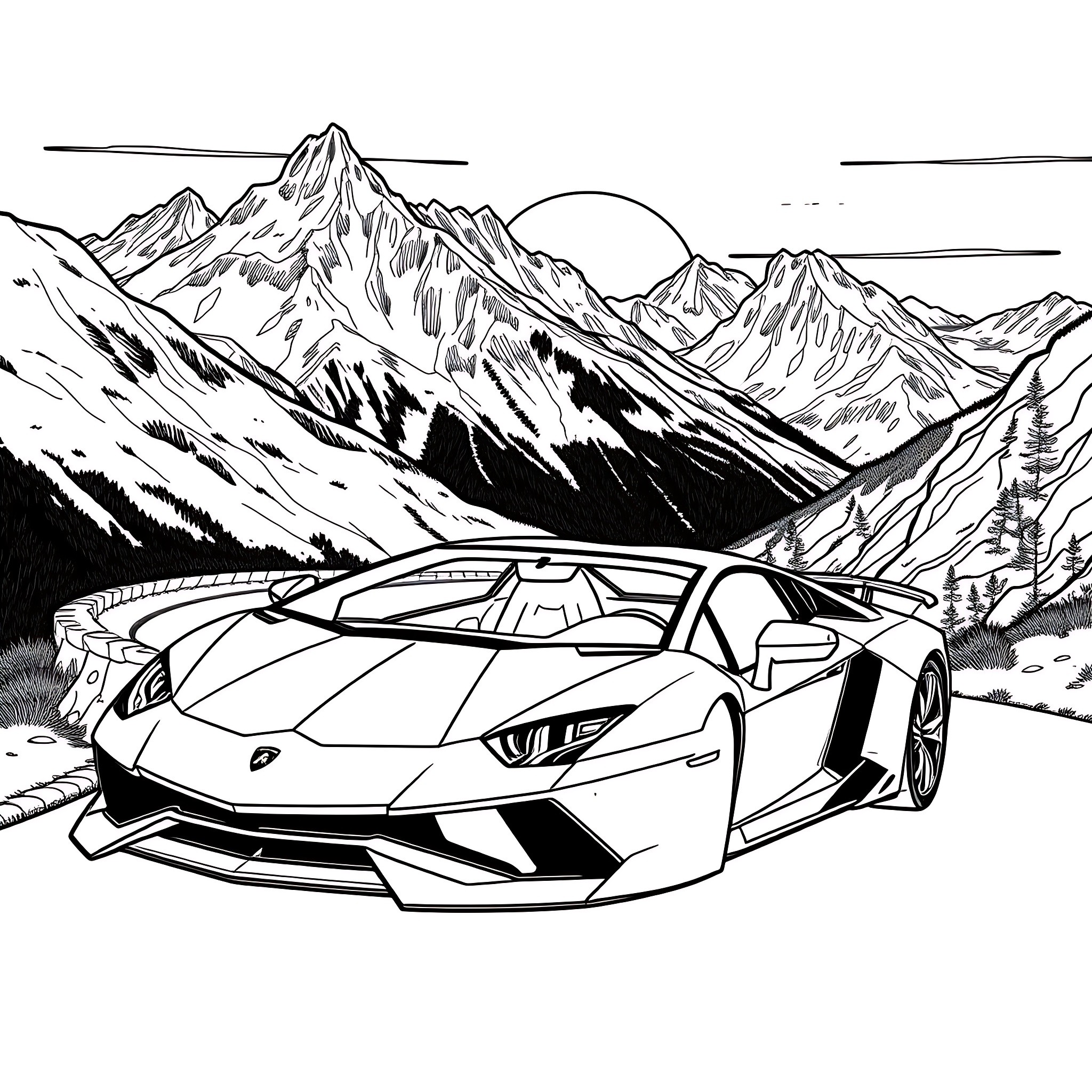 Lamborghini sports car in the snowy mountains Coloring Page (free black-and-white line drawing printable PDF for all, from beginners to advanced learners, including children, teens, adults, and seniors)