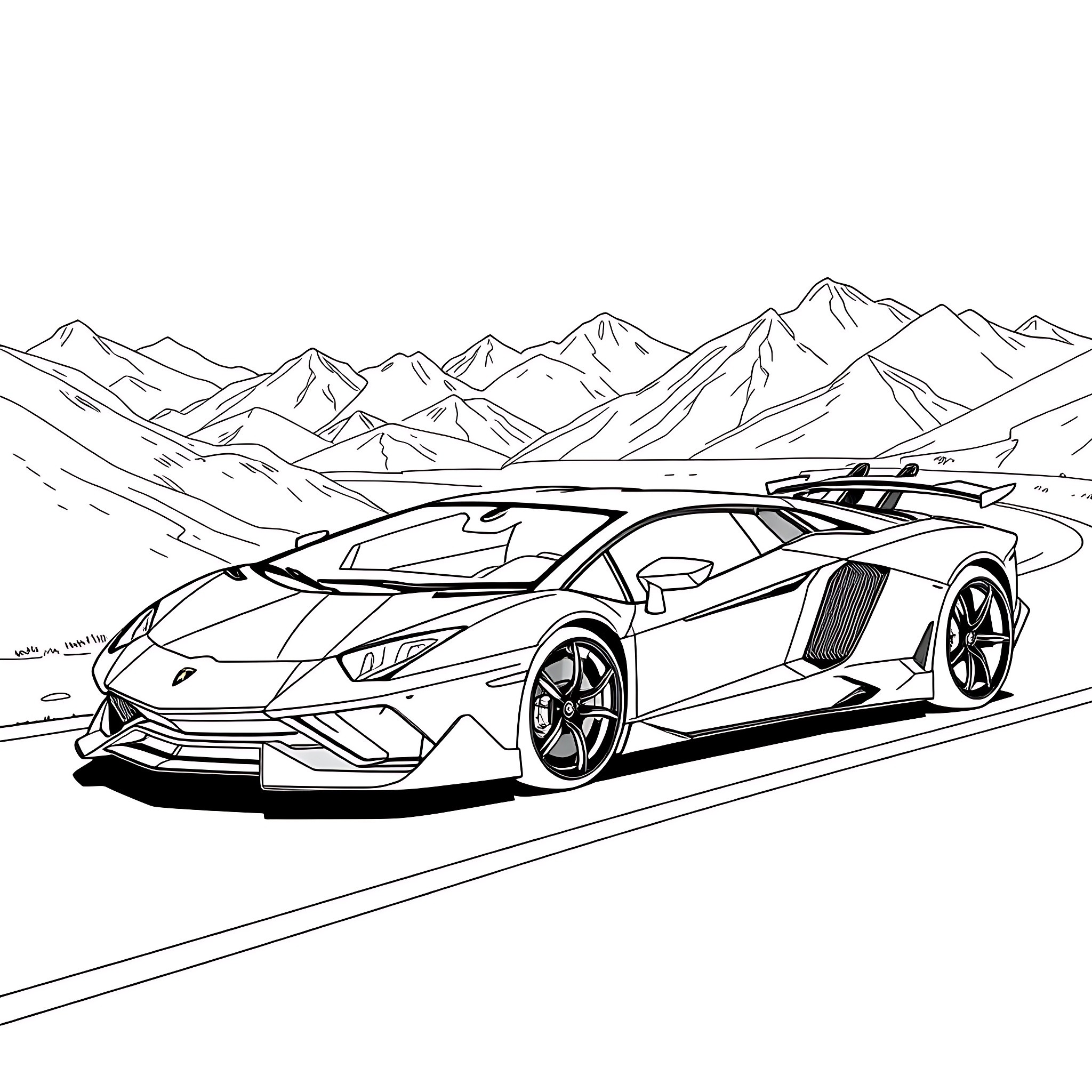 Lamborghini racing through majestic mountain landscape Coloring Page (free black-and-white line drawing printable PDF for all, from beginners to advanced learners, including children, teens, adults, and seniors)