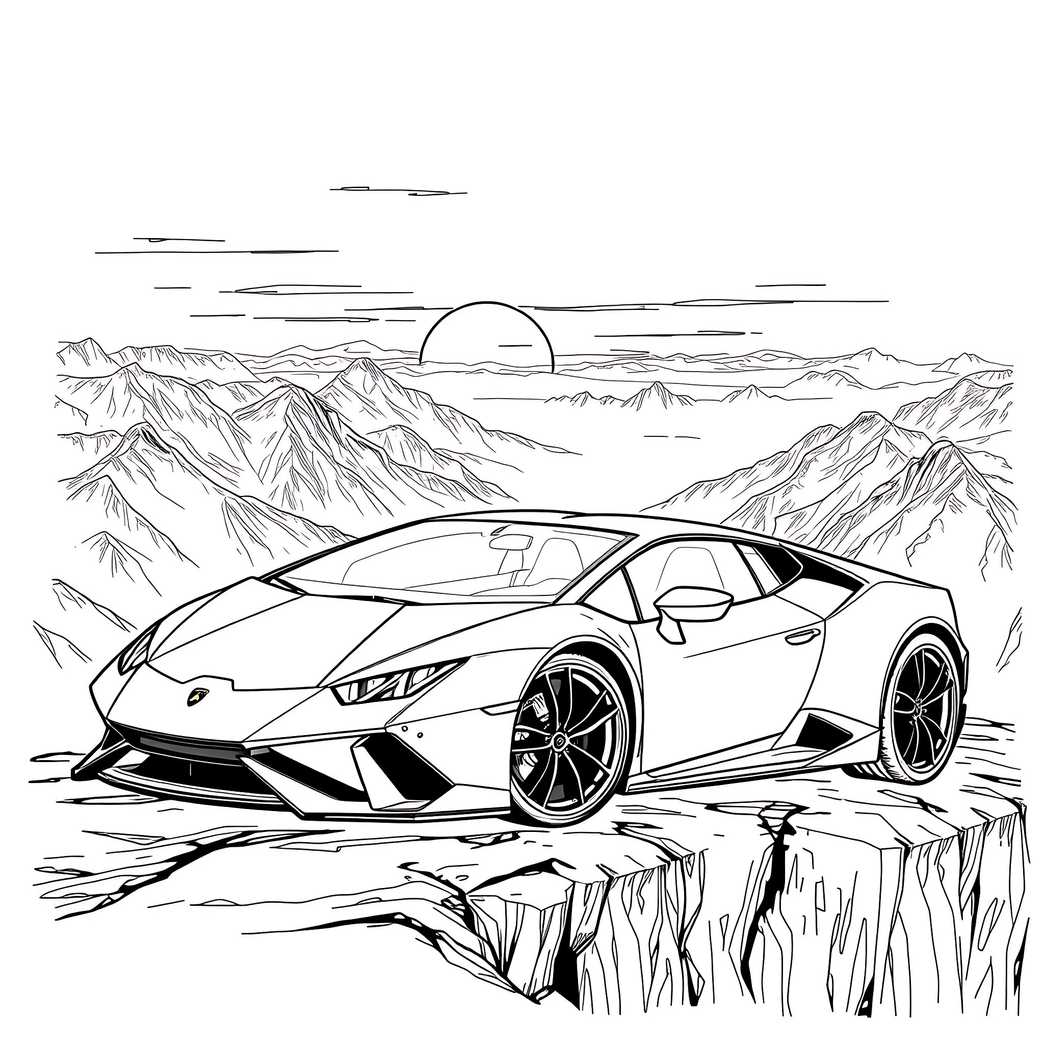 Lamborghini Supercar Racing Through Rocky Landscape Coloring Page (free black-and-white line drawing printable PDF for all, from beginners to advanced learners, including children, teens, adults, and seniors)