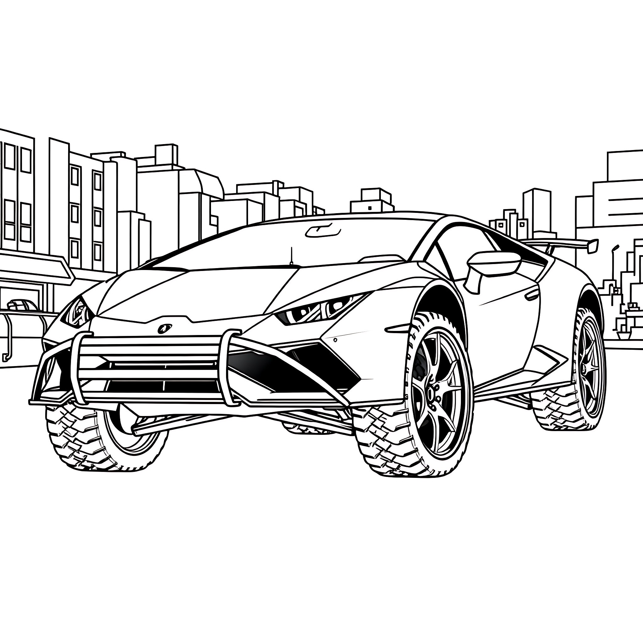 Lamborghini racing through the city streets Coloring Page (free black-and-white line drawing printable PDF for all, from beginners to advanced learners, including children, teens, adults, and seniors)