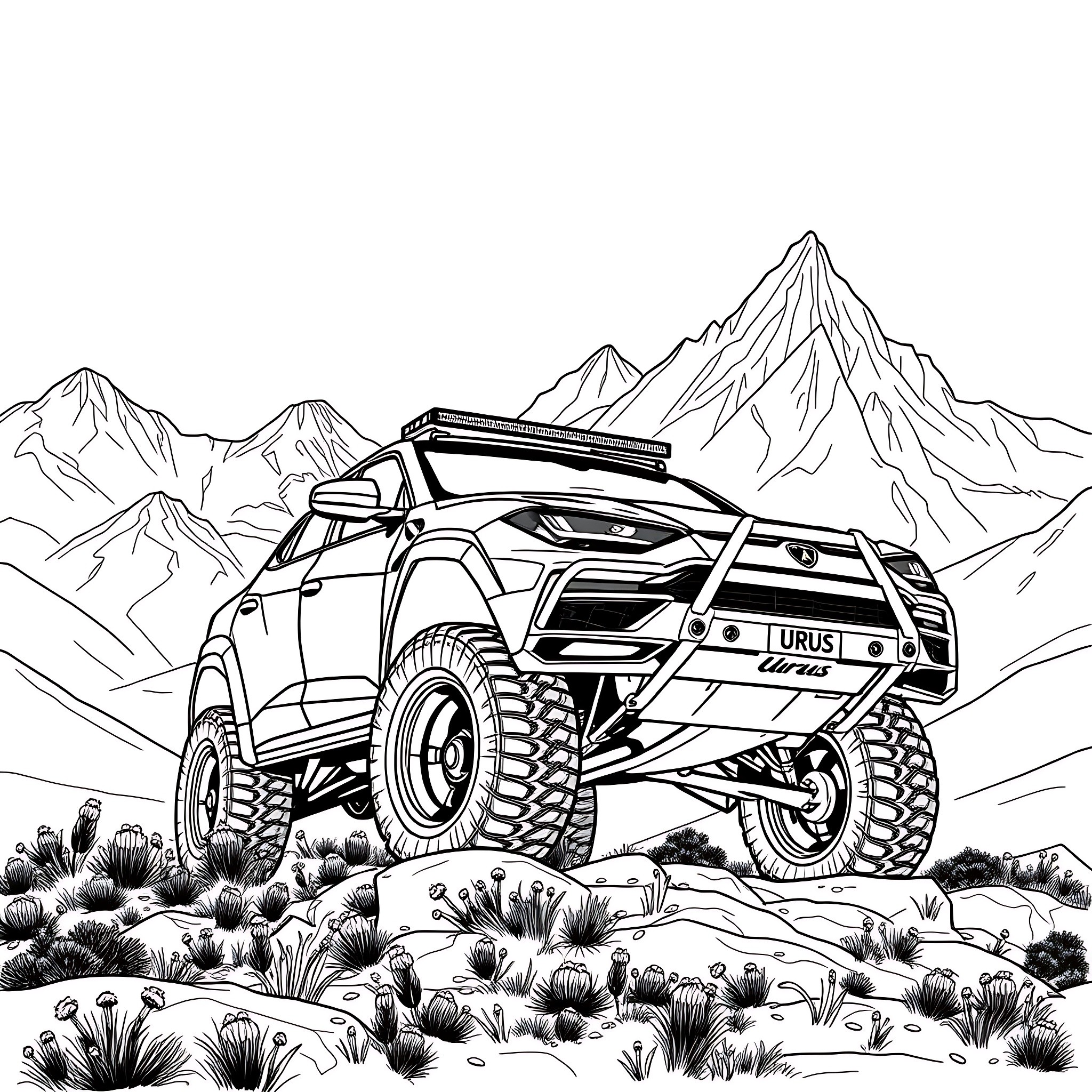 Lamborghini off-road adventure in the mountains Coloring Page (free black-and-white line drawing printable PDF for all, from beginners to advanced learners, including children, teens, adults, and seniors)