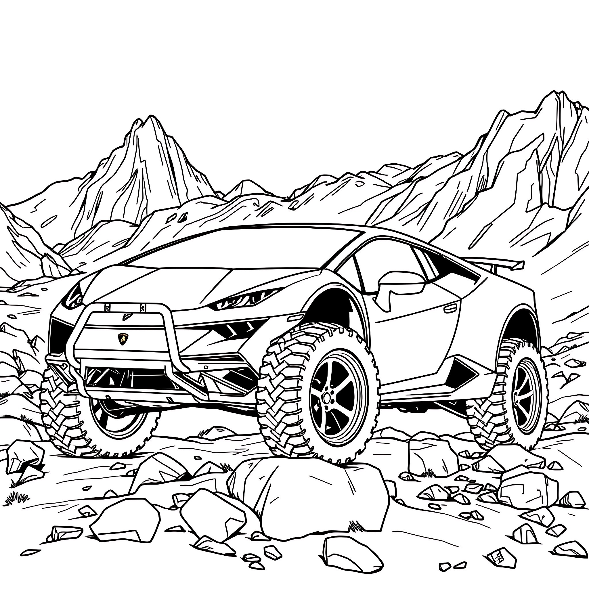 Lamborghini Aventador off-roading in the mountains Coloring Page (free black-and-white line drawing printable PDF for all, from beginners to advanced learners, including children, teens, adults, and seniors)