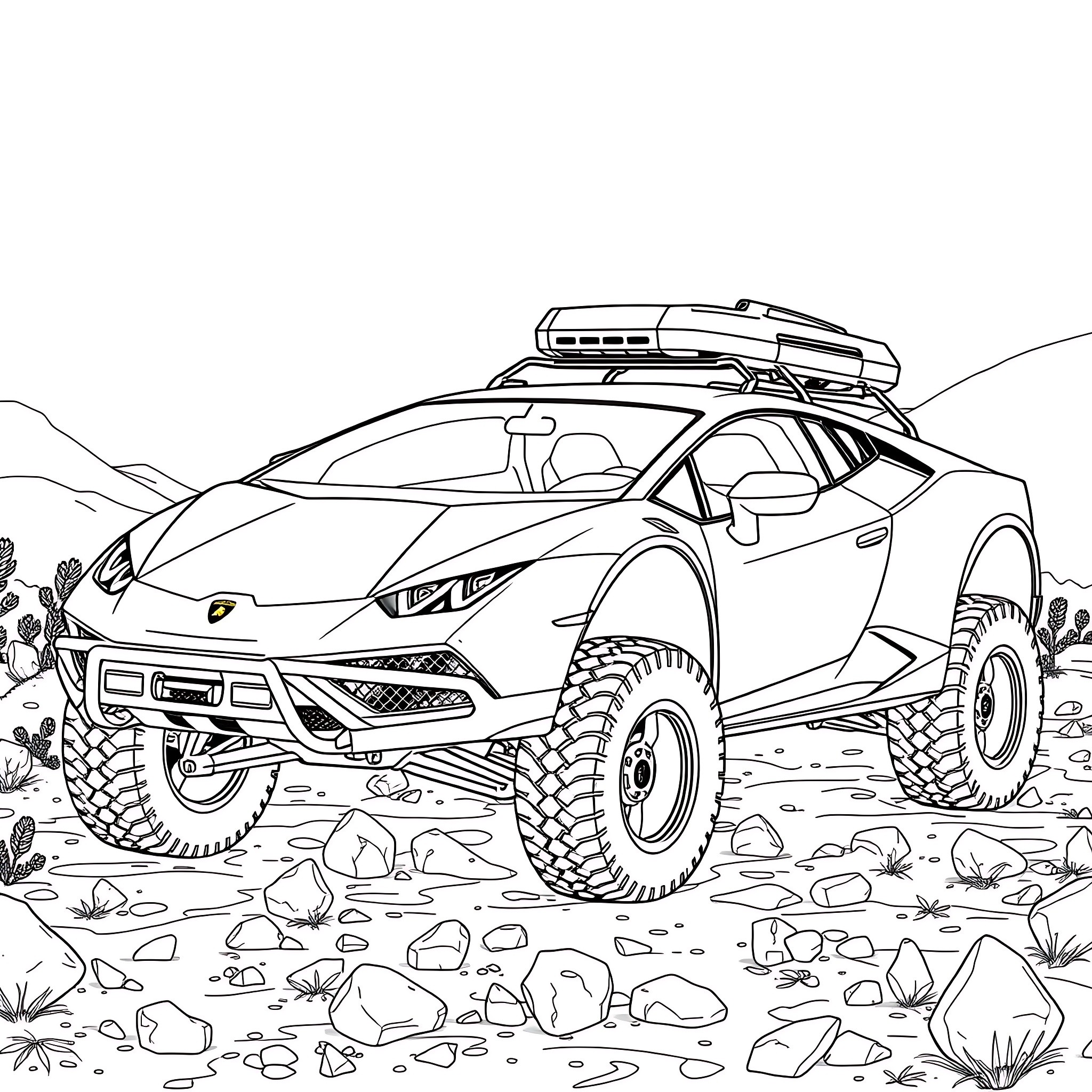 Lamborghini off-road adventure vehicle in the desert Coloring Page (free black-and-white line drawing printable PDF for all, from beginners to advanced learners, including children, teens, adults, and seniors)