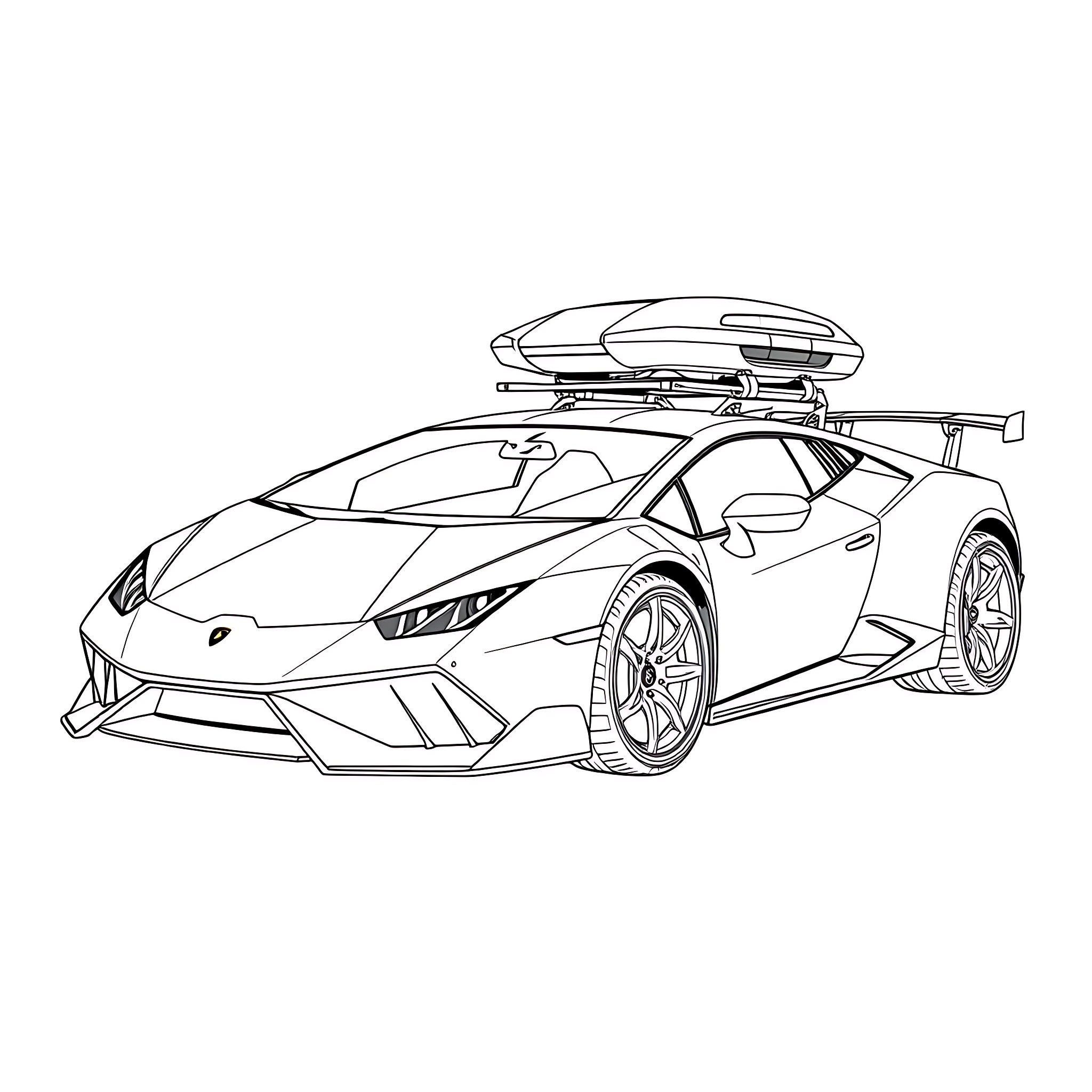 Lamborghini sports car with outdoor adventure accessories Coloring Page (free black-and-white line drawing printable PDF for all, from beginners to advanced learners, including children, teens, adults, and seniors)