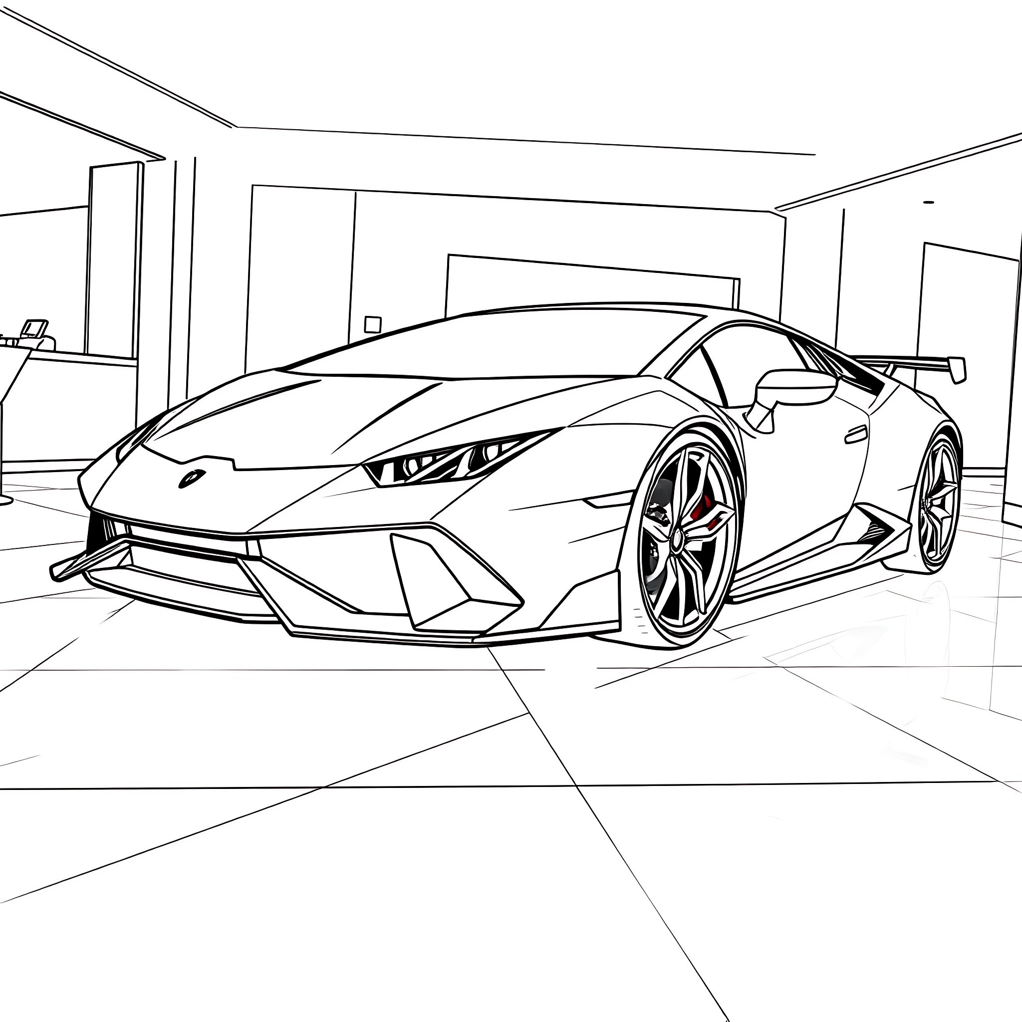 Lamborghini supercar in sleek design Coloring Page (free black-and-white line drawing printable PDF for all, from beginners to advanced learners, including children, teens, adults, and seniors)
