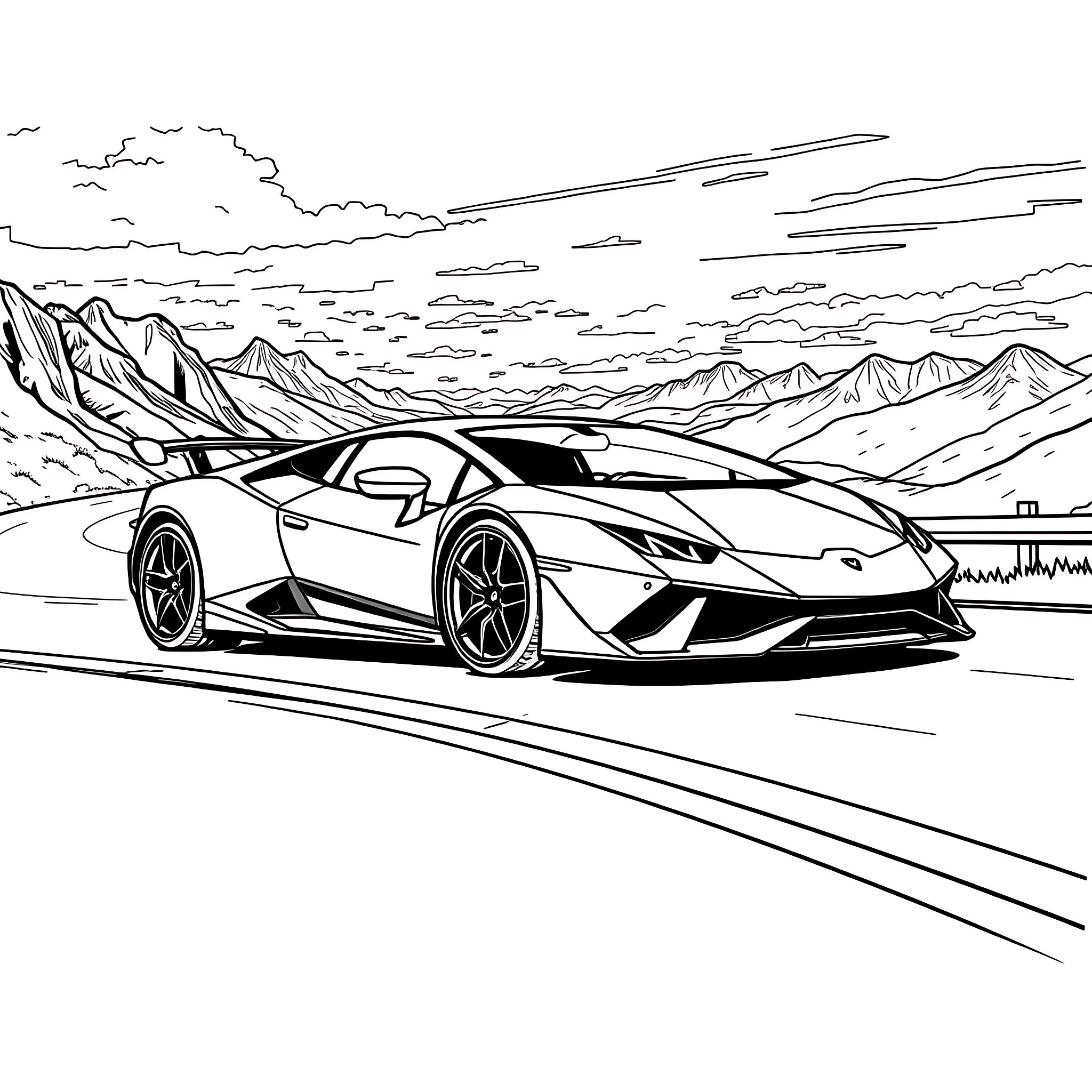 Lamborghini speeding through dramatic mountain landscape Coloring Page (free black-and-white line drawing printable PDF for all, from beginners to advanced learners, including children, teens, adults, and seniors)