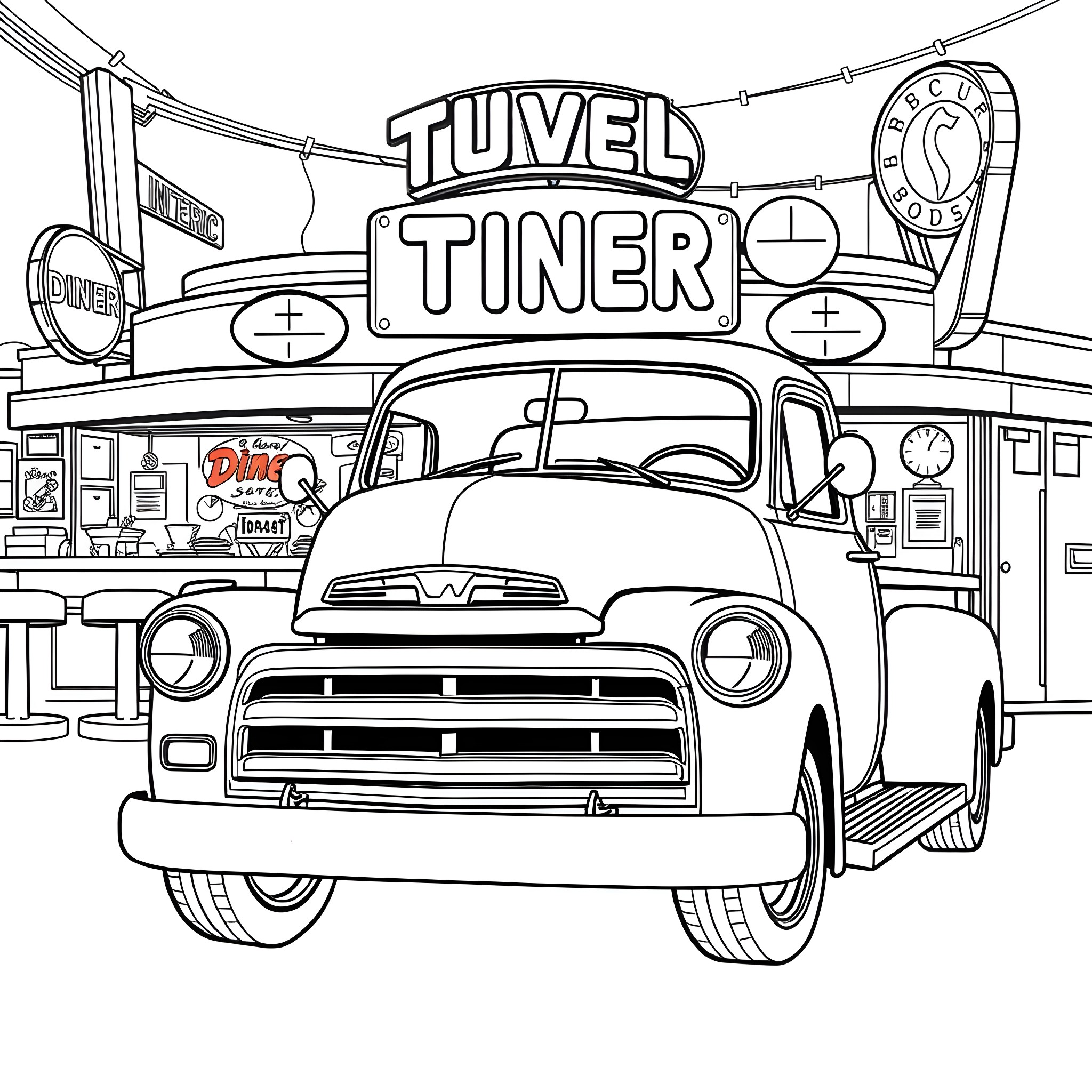 Truck at the Tuvel Tiner service station Coloring Page (free black-and-white line drawing printable PDF for all, from beginners to advanced learners, including children, teens, adults, and seniors)