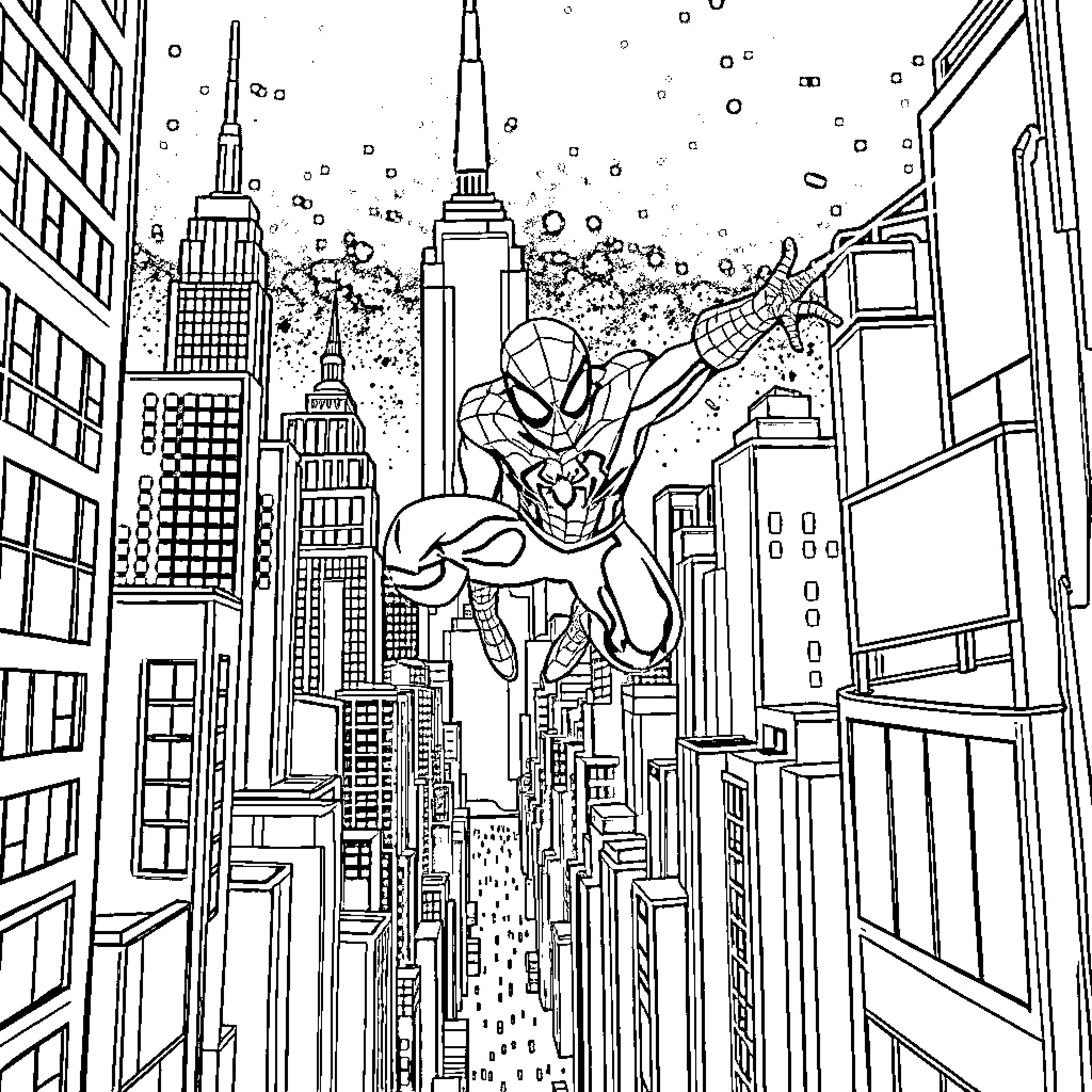 Spiderman swinging through the city skyline Coloring Page (free black-and-white line drawing printable PDF for all, from beginners to advanced learners, including children, teens, adults, and seniors)