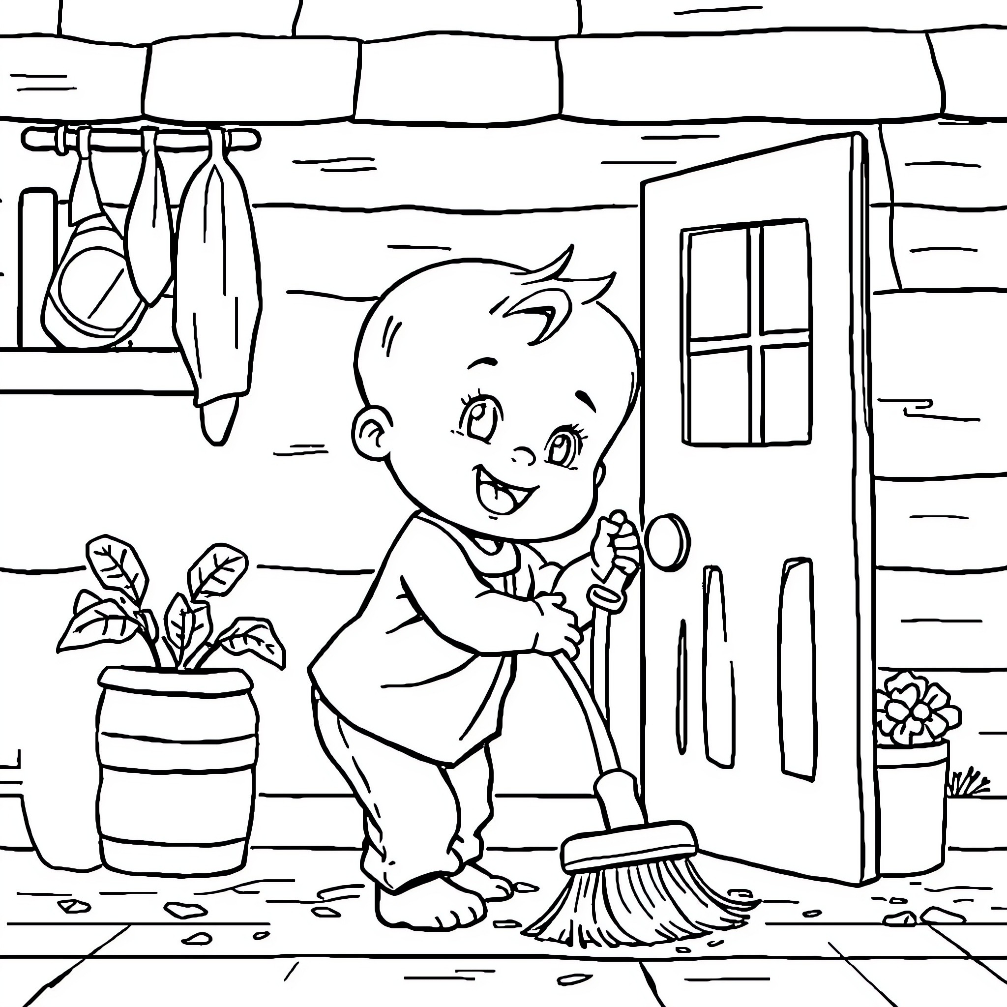 Baby Sweeping Happily in Cozy Cabin Interior Coloring Page (free black-and-white line drawing printable PDF for all, from beginners to advanced learners, including children, teens, adults, and seniors)