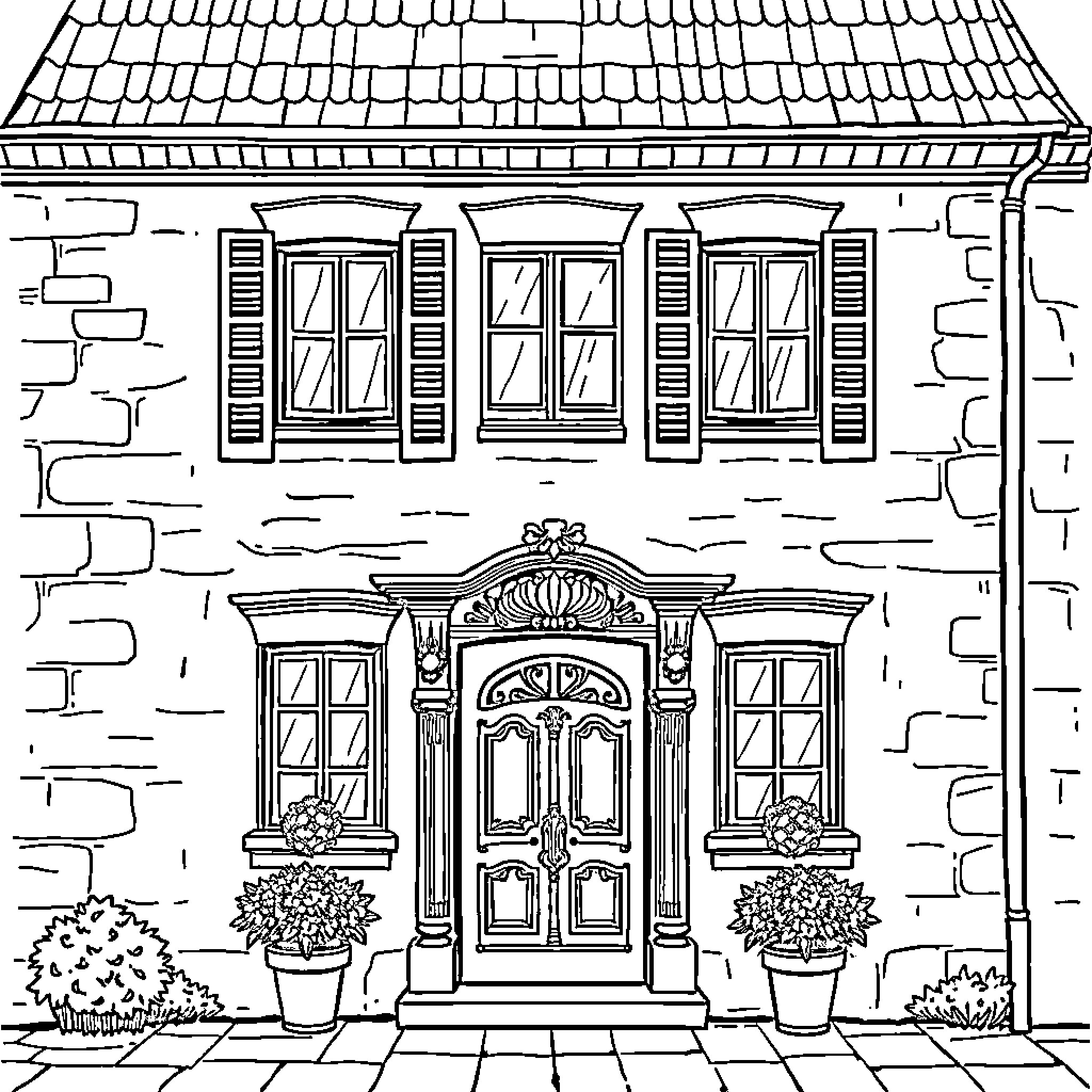 House with ornate entrance and landscaped yard Coloring Page (free black-and-white line drawing printable PDF for all, from beginners to advanced learners, including children, teens, adults, and seniors)