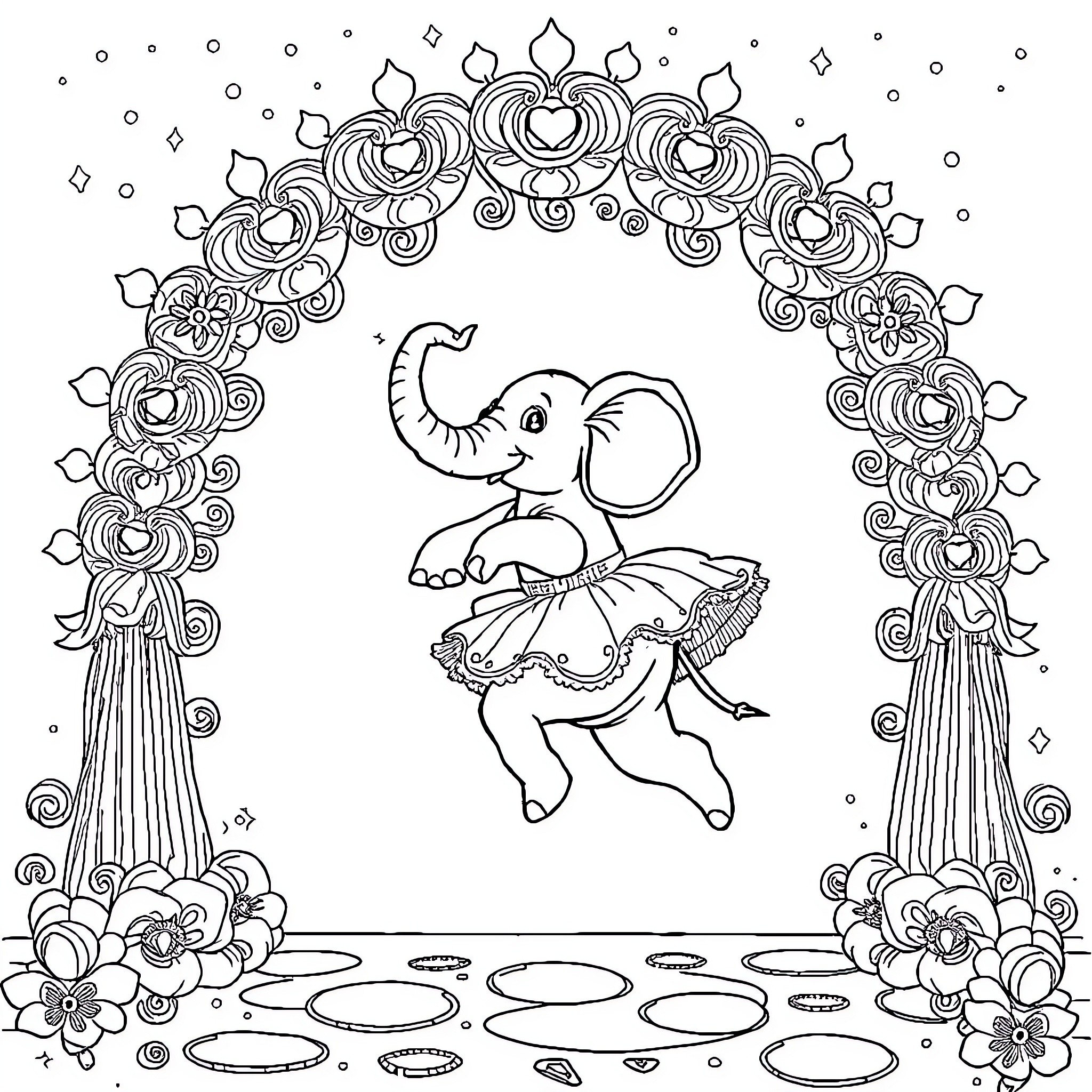 Elephant dancing under ornate floral arch Coloring Page (free black-and-white line drawing printable PDF for all, from beginners to advanced learners, including children, teens, adults, and seniors)