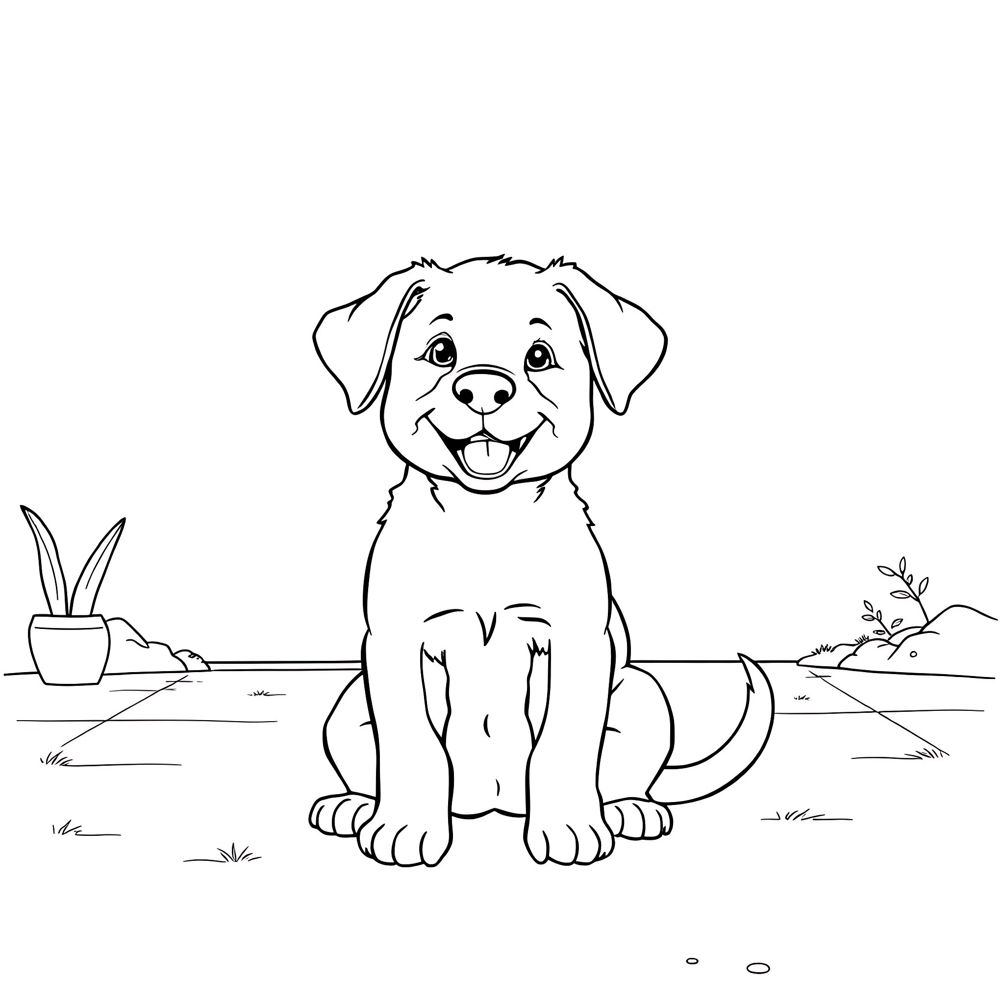 Puppy sitting happily in a peaceful outdoor scene Coloring Page (free black-and-white line drawing printable PDF for all, from beginners to advanced learners, including children, teens, adults, and seniors)