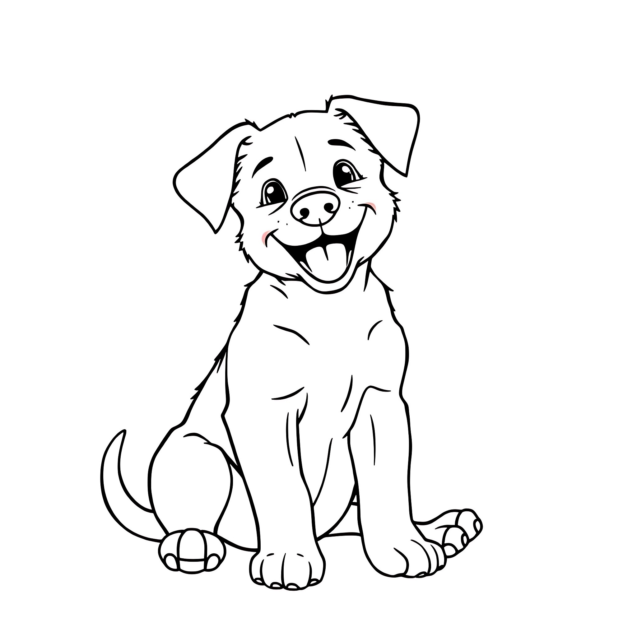 Puppy sitting happily Coloring Page (free black-and-white line drawing printable PDF for all, from beginners to advanced learners, including children, teens, adults, and seniors)