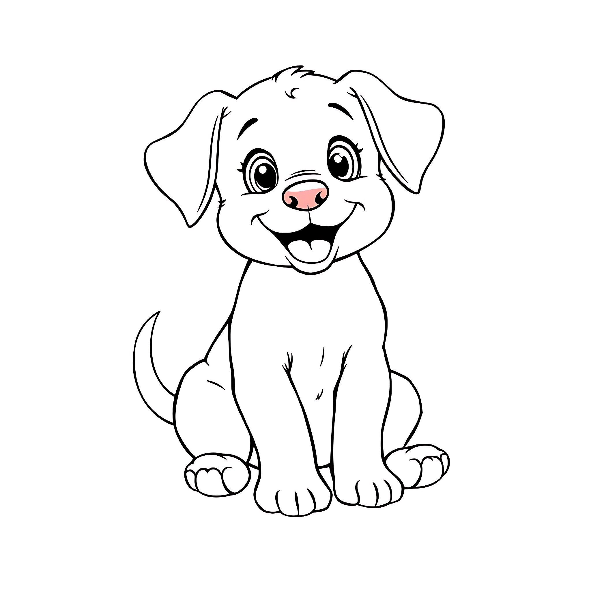 Puppy with a happy expression Coloring Page (free black-and-white line drawing printable PDF for all, from beginners to advanced learners, including children, teens, adults, and seniors)