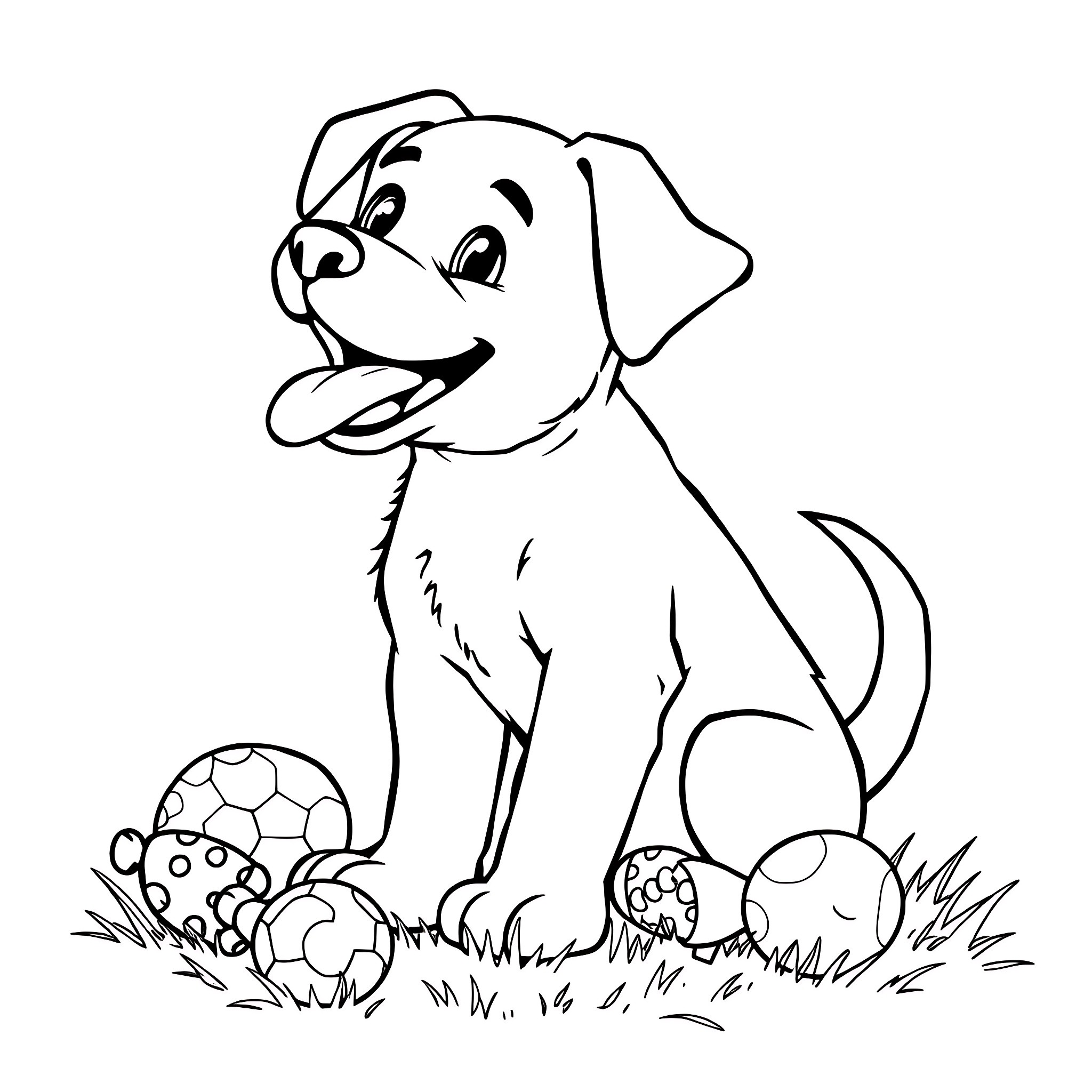 Puppy playing with colorful balls on the grass Coloring Page (free black-and-white line drawing printable PDF for all, from beginners to advanced learners, including children, teens, adults, and seniors)