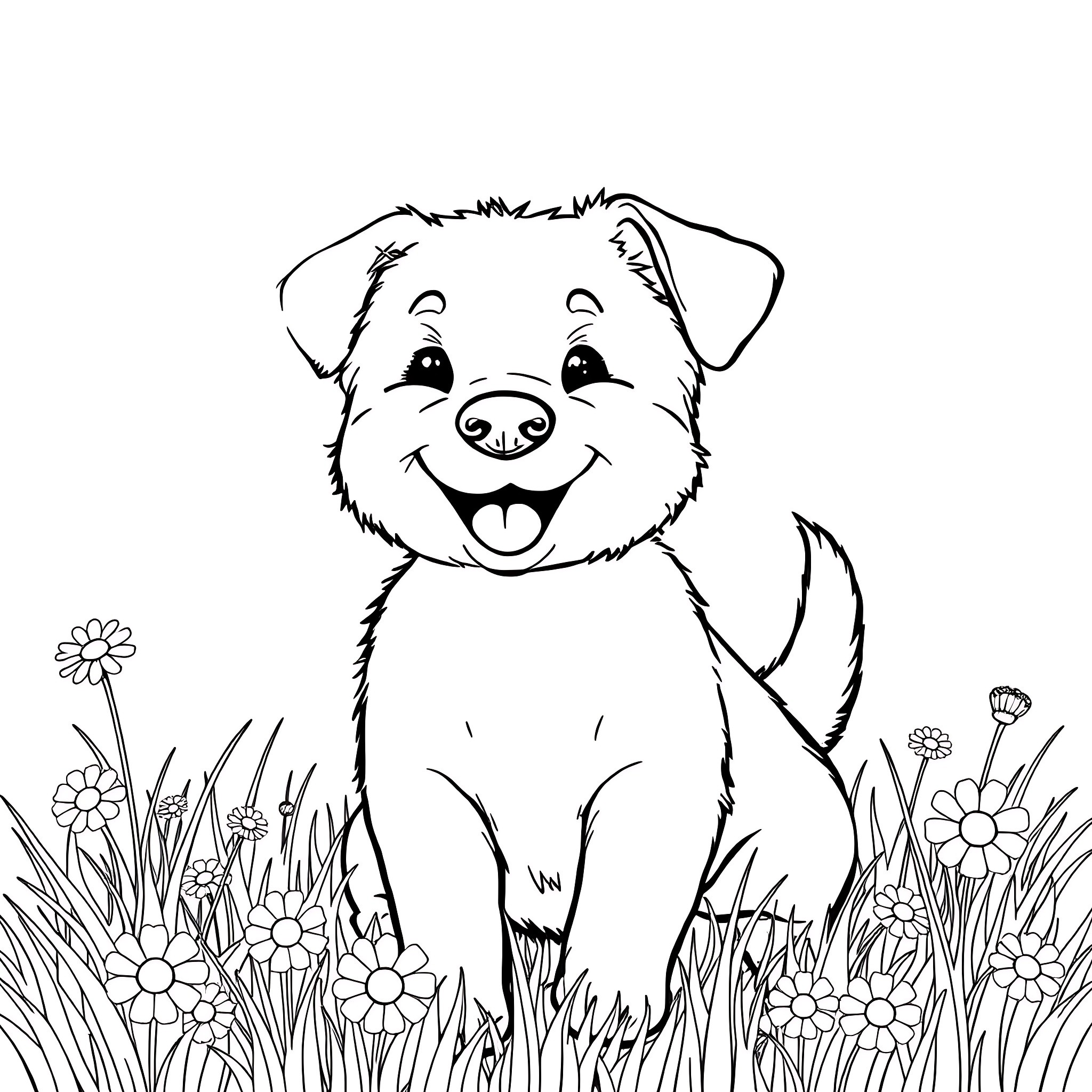 Puppy playing happily in a field of flowers Coloring Page (free black-and-white line drawing printable PDF for all, from beginners to advanced learners, including children, teens, adults, and seniors)