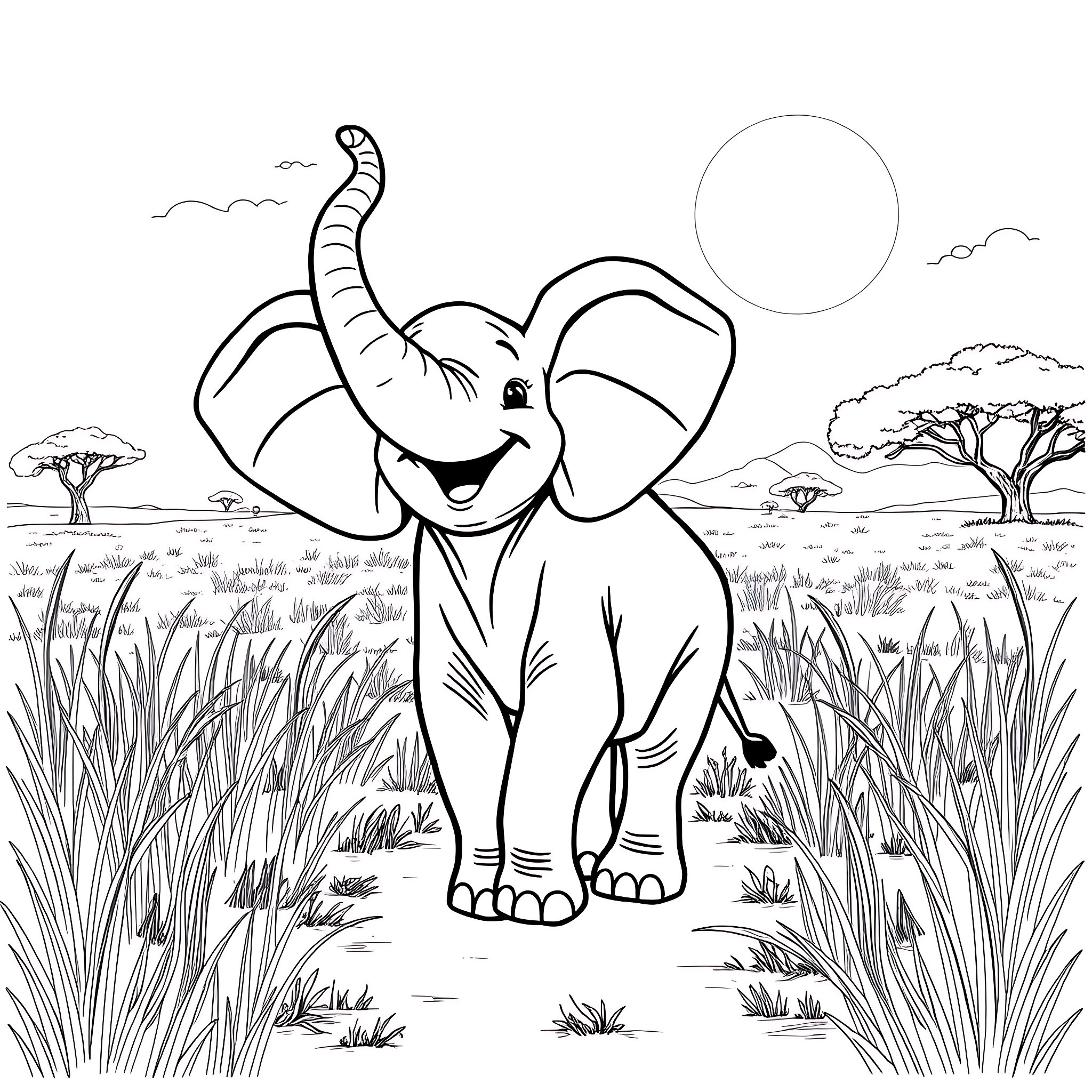 Elephant playing joyfully in the African savanna Coloring Page (free black-and-white line drawing printable PDF for all, from beginners to advanced learners, including children, teens, adults, and seniors)