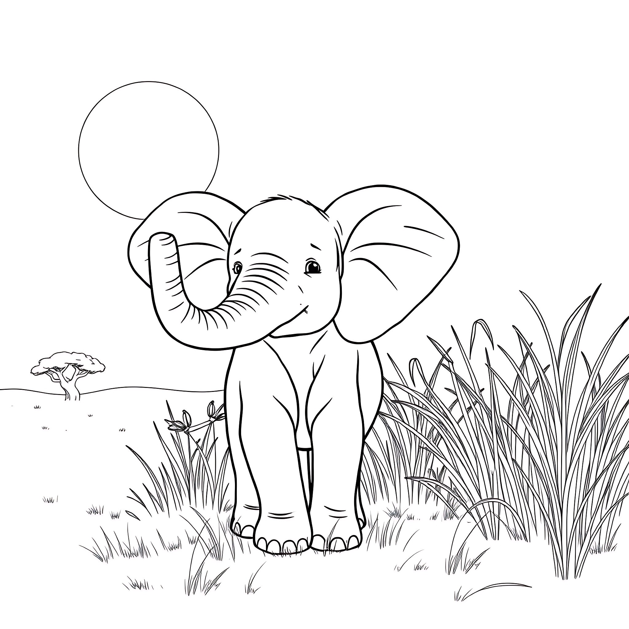 Baby Elephant exploring the lush landscape Coloring Page (free black-and-white line drawing printable PDF for all, from beginners to advanced learners, including children, teens, adults, and seniors)