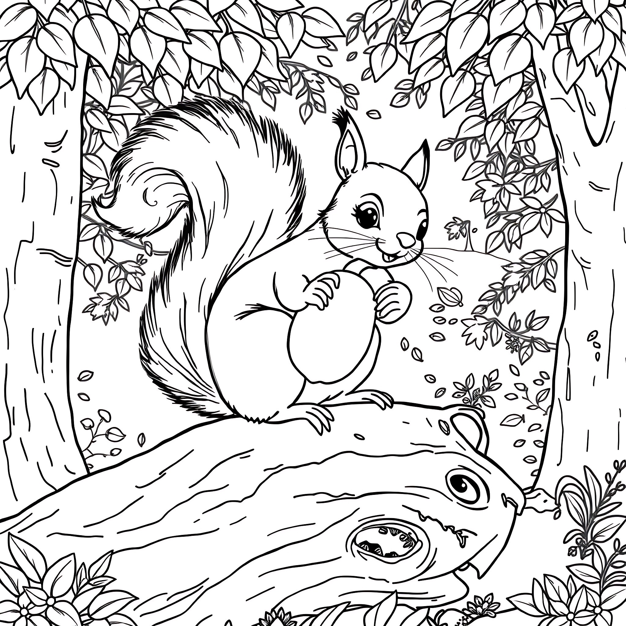 Squirrel exploring the forest with nature Coloring Page (free black-and-white line drawing printable PDF for all, from beginners to advanced learners, including children, teens, adults, and seniors)