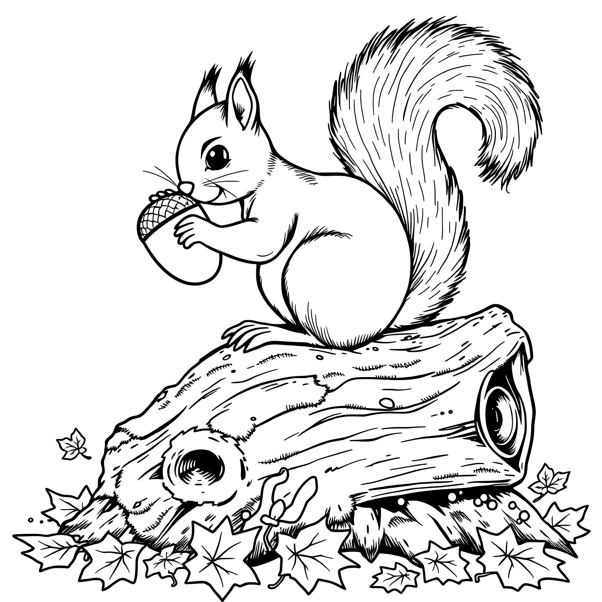Squirrel collecting acorns on fallen tree trunk Coloring Page (free black-and-white line drawing printable PDF for all, from beginners to advanced learners, including children, teens, adults, and seniors)
