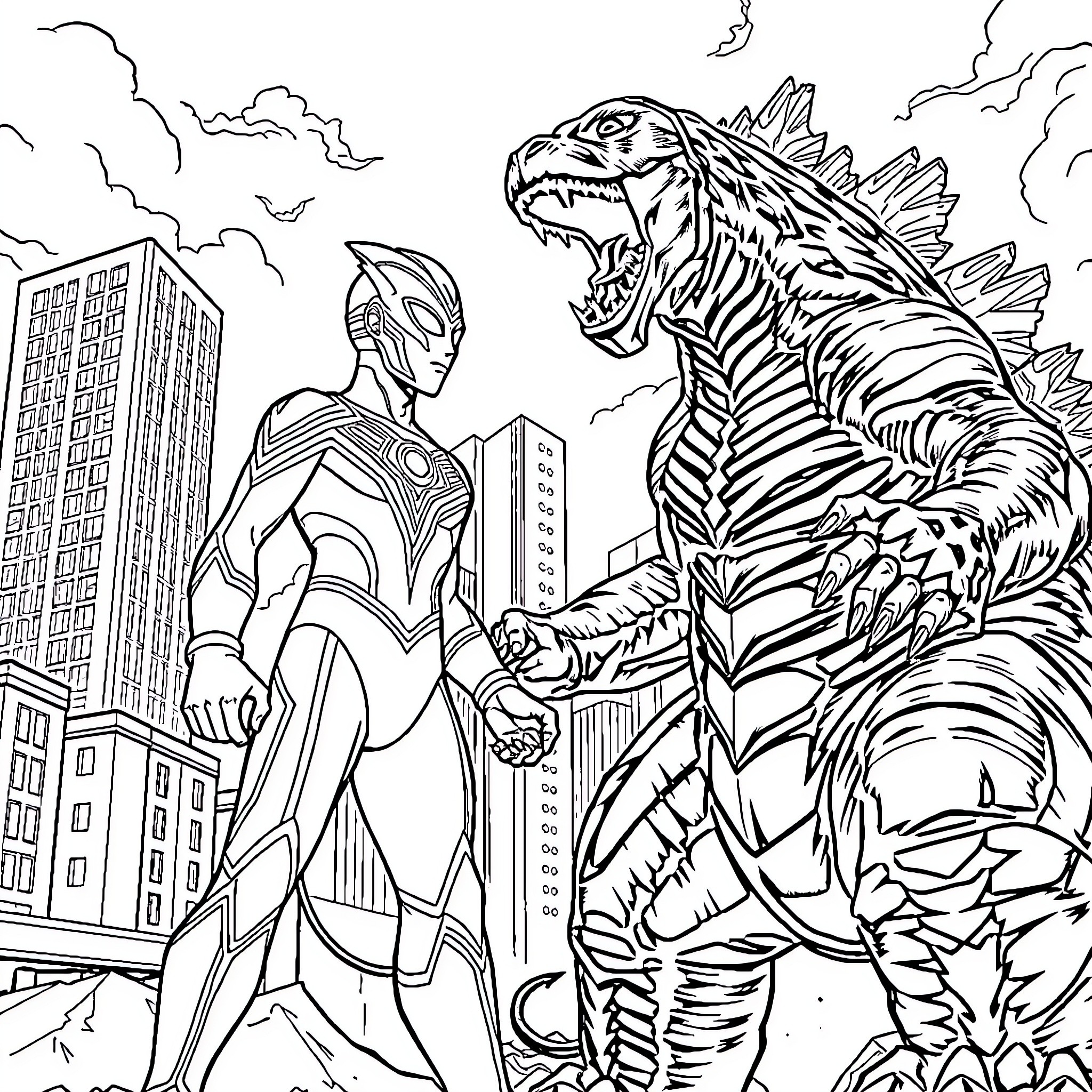 Ultraman confronting a giant monster in the city Coloring Page (free black-and-white line drawing printable PDF for all, from beginners to advanced learners, including children, teens, adults, and seniors)