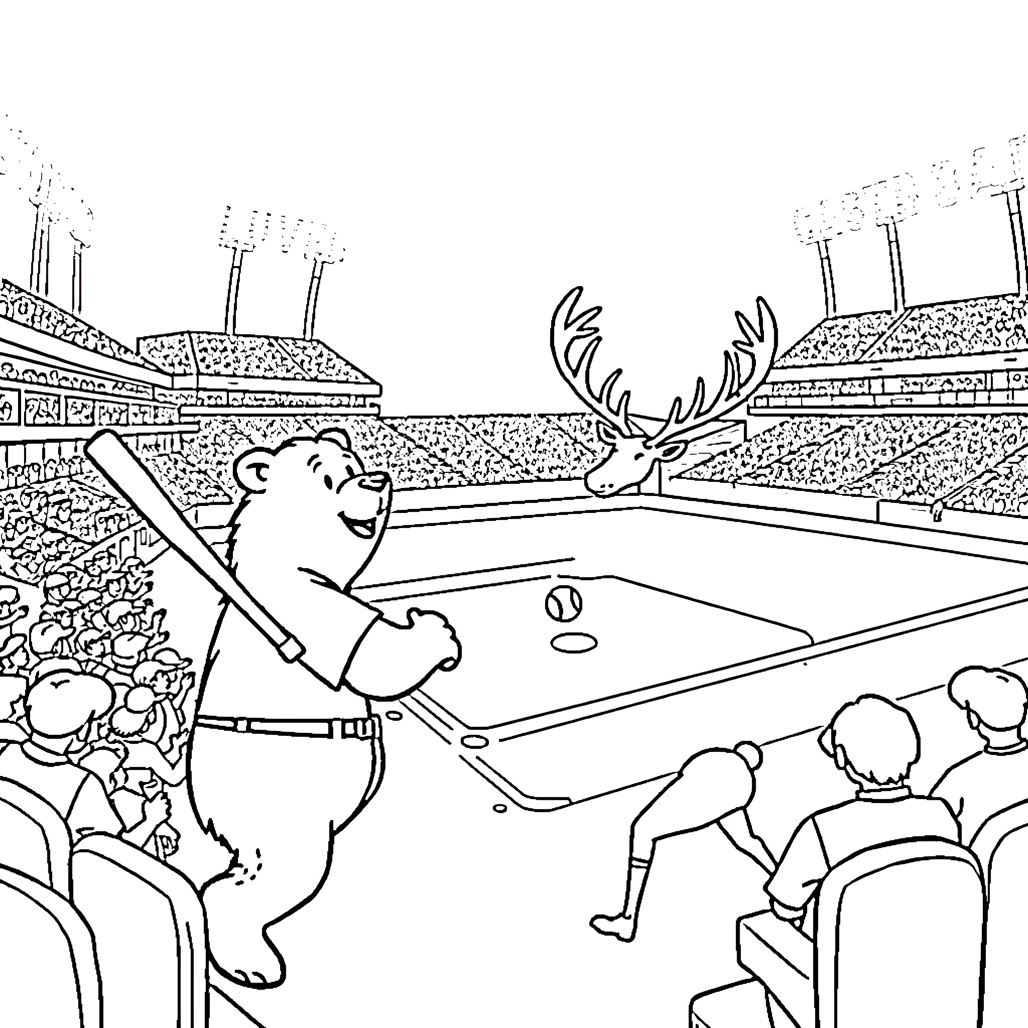 Bear playing baseball in a crowded stadium Coloring Page (free black-and-white line drawing printable PDF for all, from beginners to advanced learners, including children, teens, adults, and seniors)