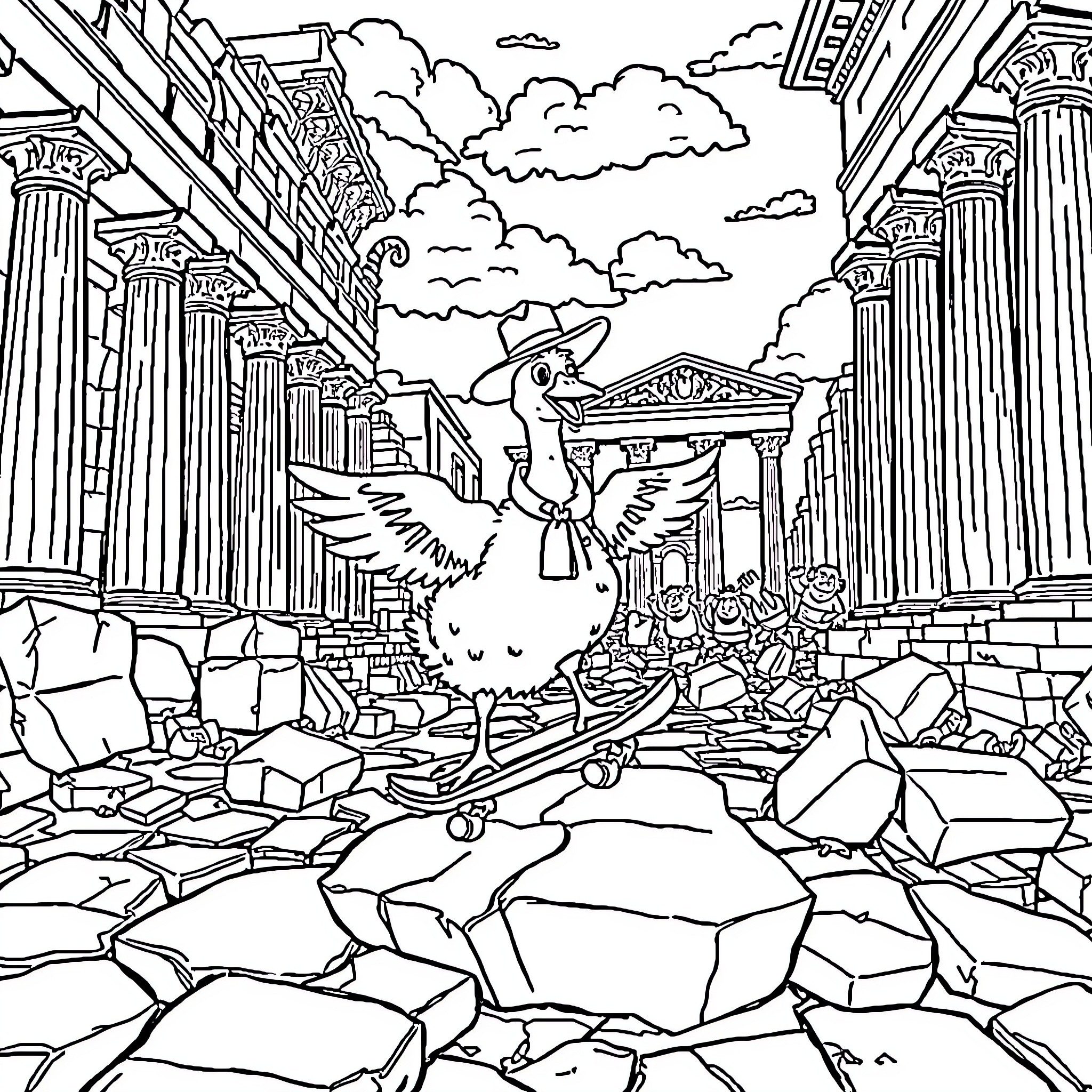 Goose Marching Through Ruins of Ancient City Coloring Page (free black-and-white line drawing printable PDF for all, from beginners to advanced learners, including children, teens, adults, and seniors)