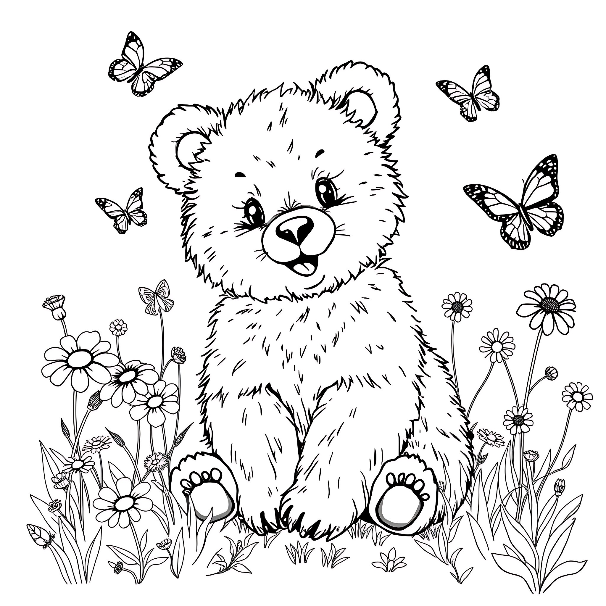 Bear cub playing in a field of flowers with butterflies Coloring Page (free black-and-white line drawing printable PDF for all, from beginners to advanced learners, including children, teens, adults, and seniors)
