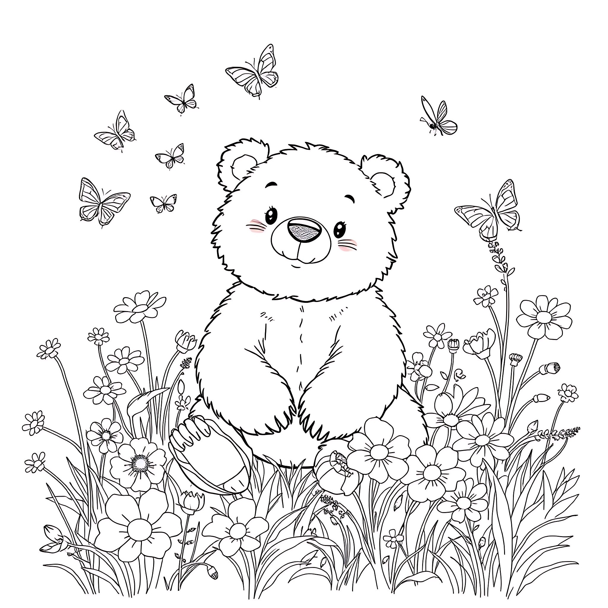 Bear Surrounded by Butterflies and Flowers Coloring Page (free black-and-white line drawing printable PDF for all, from beginners to advanced learners, including children, teens, adults, and seniors)