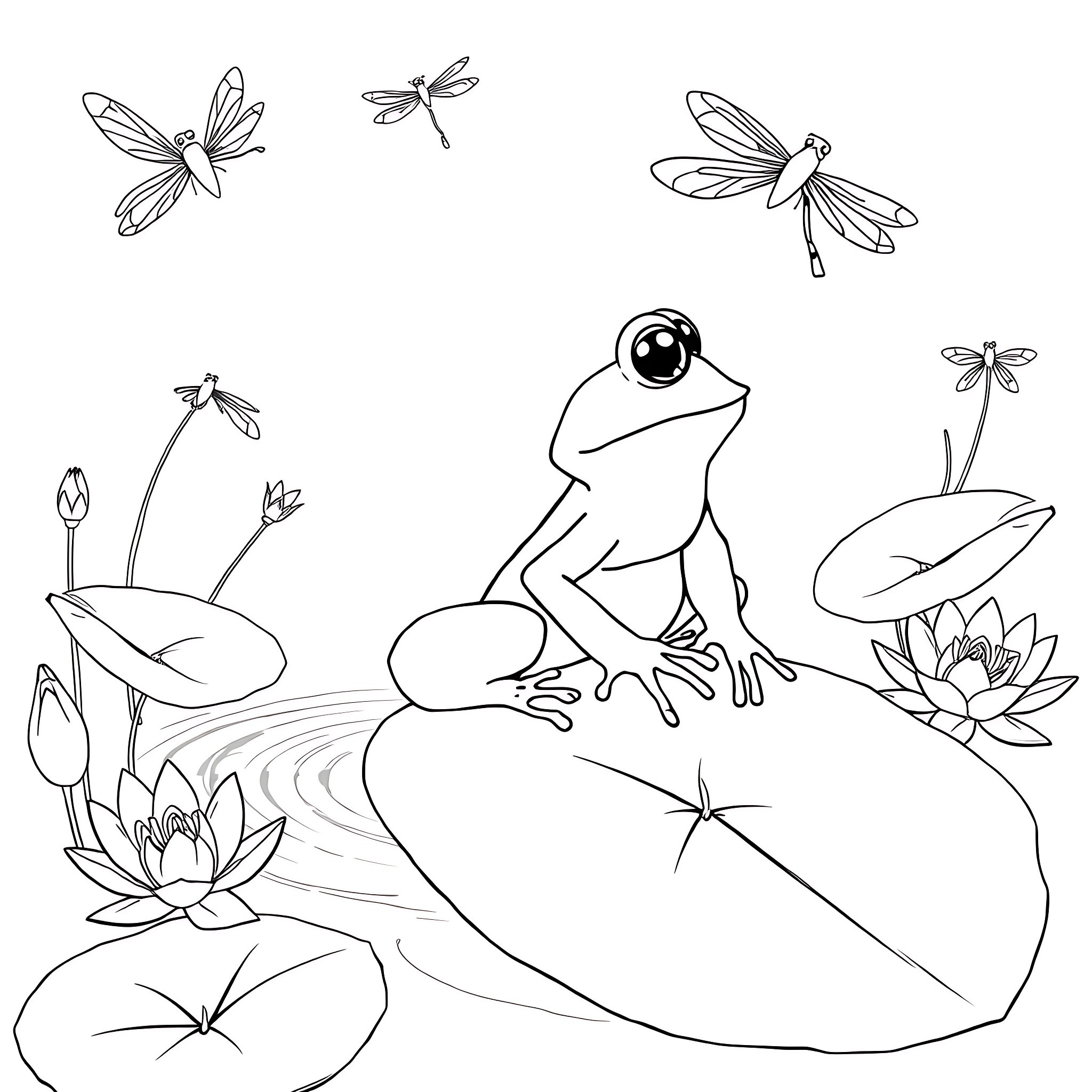 Frog and dragonflies in the pond Coloring Page (free black-and-white line drawing printable PDF for all, from beginners to advanced learners, including children, teens, adults, and seniors)