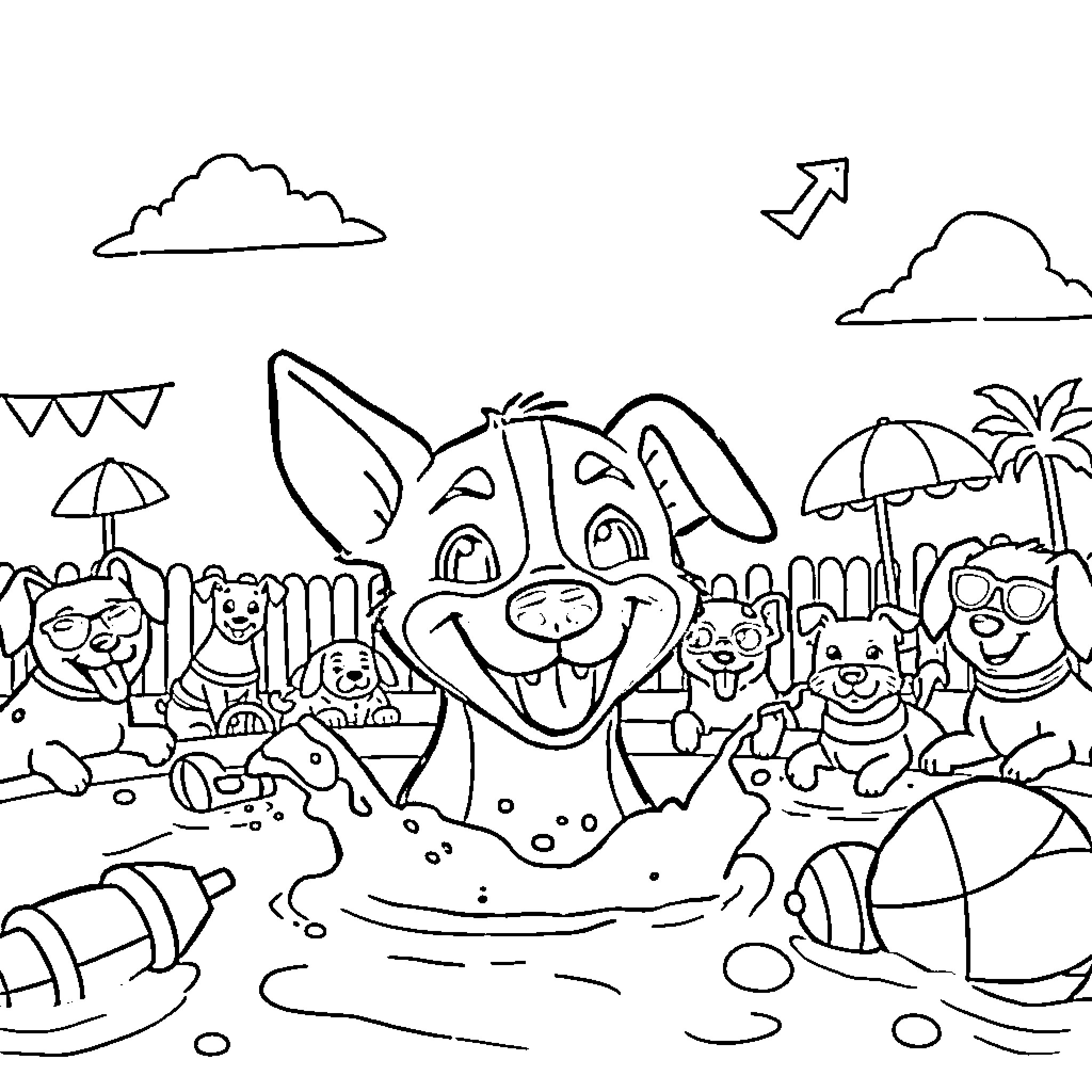 Xoloitzcuintli enjoys a fun day at the beach with friends Coloring Page (free black-and-white line drawing printable PDF for all, from beginners to advanced learners, including children, teens, adults, and seniors)