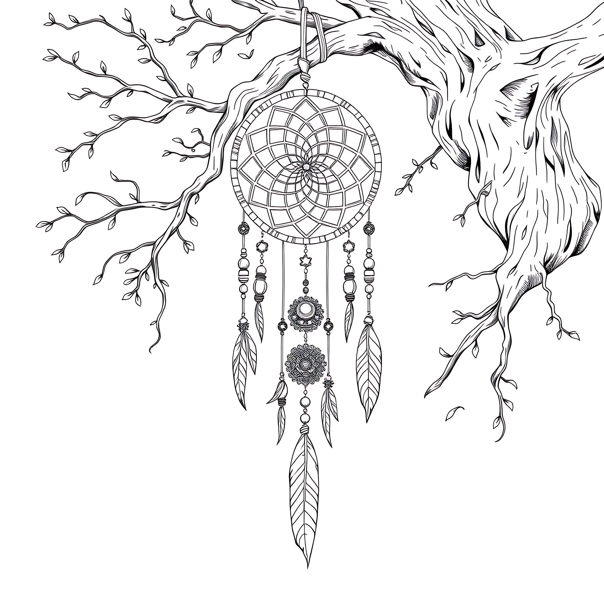Dream Catcher Hanging on Mystical Tree Branches Coloring Page (free black-and-white line drawing printable PDF for all, from beginners to advanced learners, including children, teens, adults, and seniors)