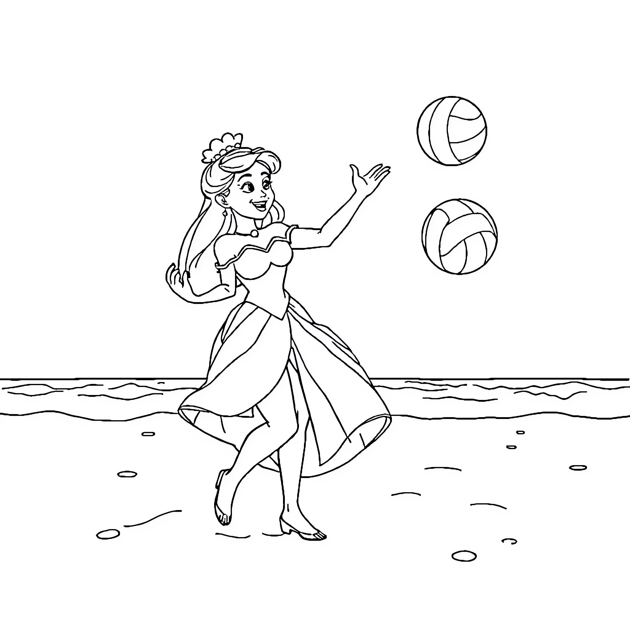 Disney Princess Plays Volleyball on the Beach Coloring Page (free black-and-white line drawing printable PDF for all, from beginners to advanced learners, including children, teens, adults, and seniors)