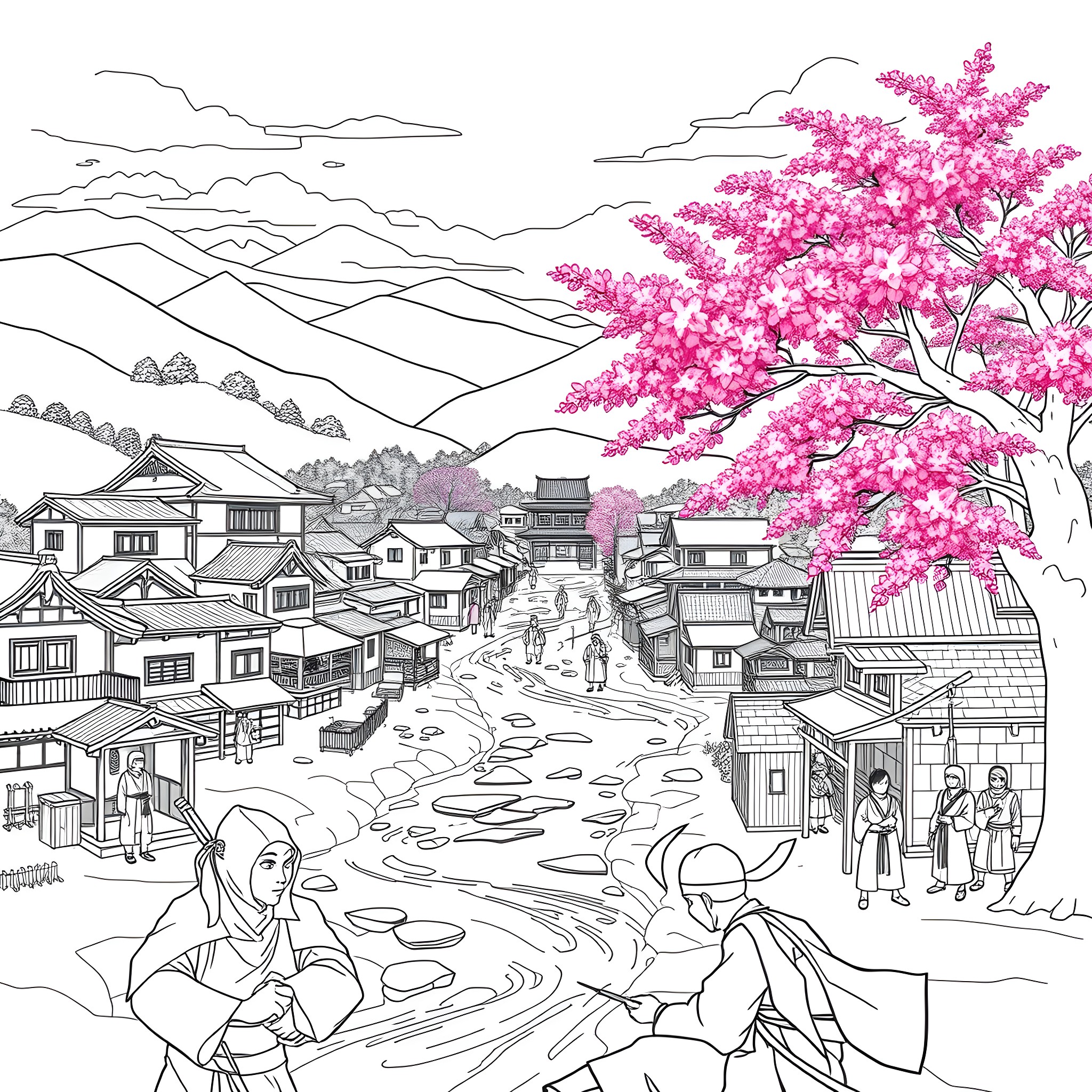 Naruto characters in a traditional Japanese village landscape Coloring Page (free black-and-white line drawing printable PDF for all, from beginners to advanced learners, including children, teens, adults, and seniors)