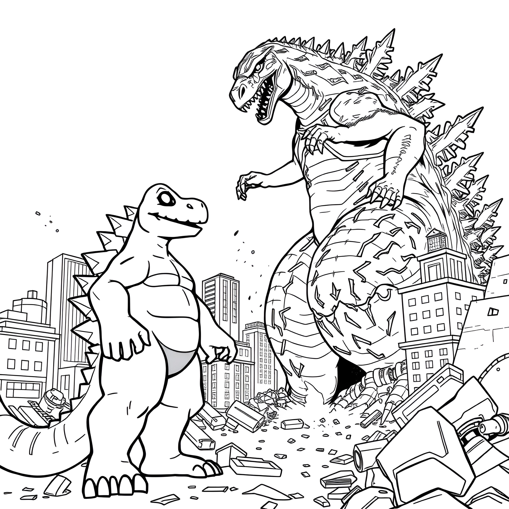 Bluey's Kaiju Clash: Giant Monsters Rampage Through the City Coloring Page (free black-and-white line drawing printable PDF for all, from beginners to advanced learners, including children, teens, adults, and seniors)