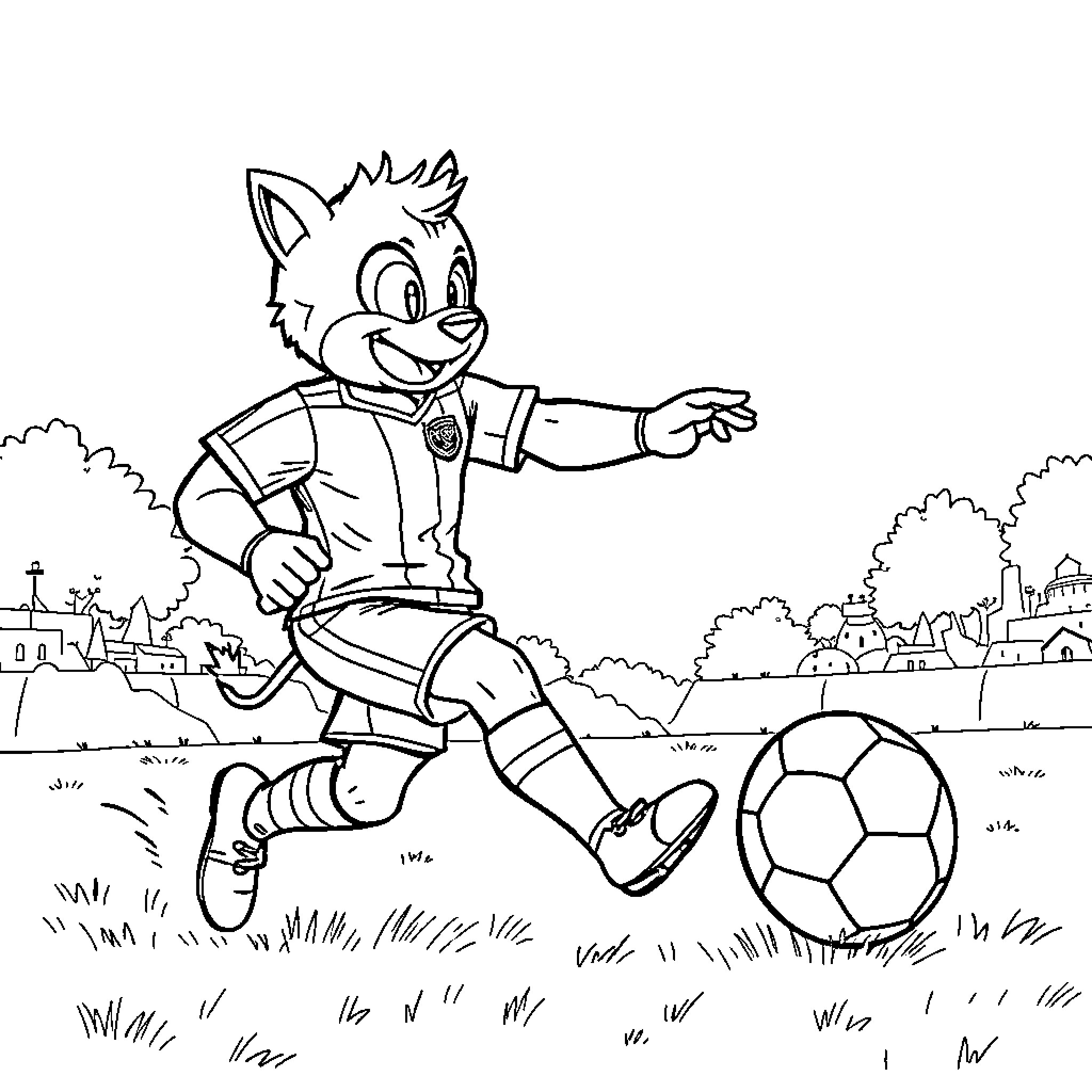 Chase playing soccer with a joyful expression Coloring Page (free black-and-white line drawing printable PDF for all, from beginners to advanced learners, including children, teens, adults, and seniors)