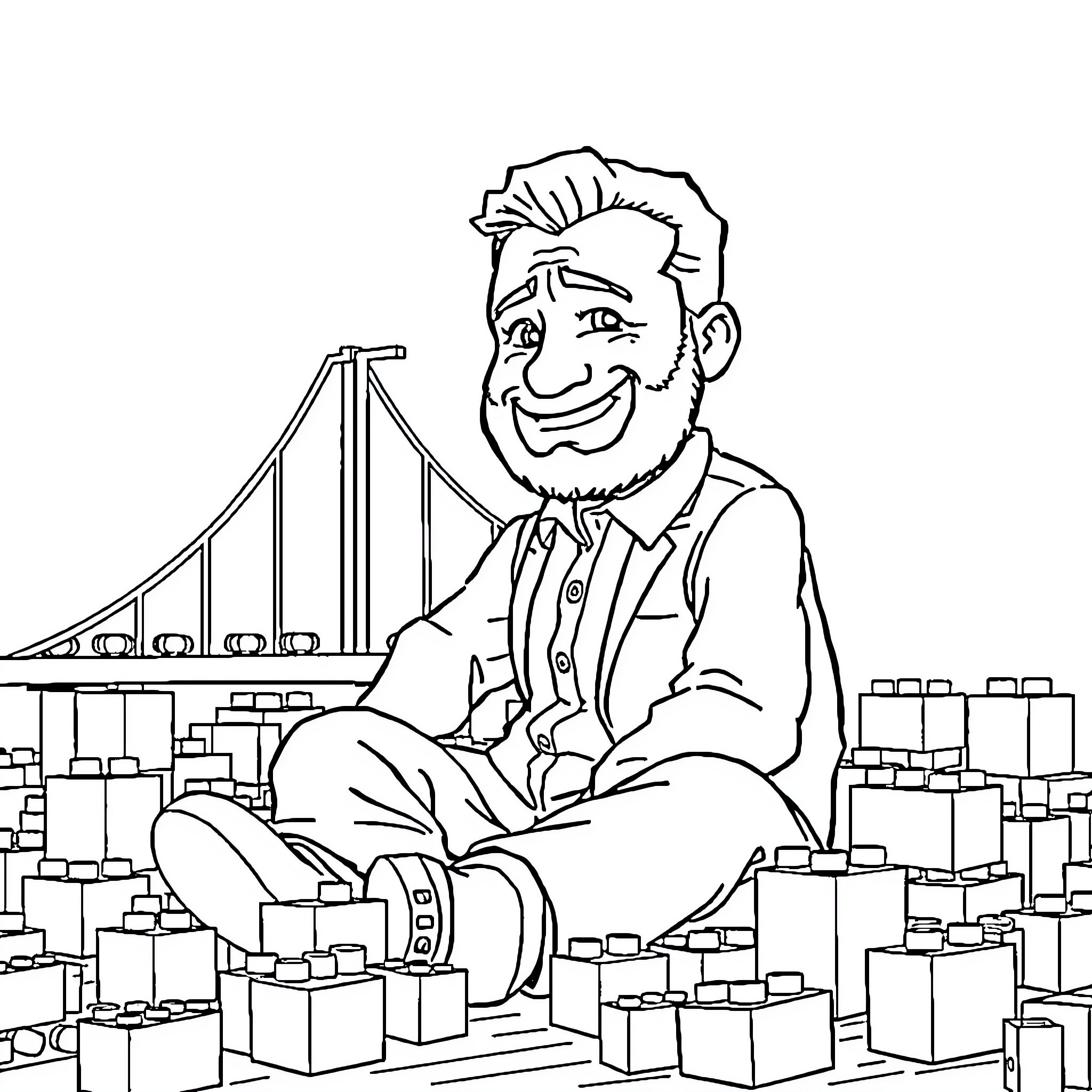Bridge worker constructing city model with building blocks Coloring Page (free black-and-white line drawing printable PDF for all, from beginners to advanced learners, including children, teens, adults, and seniors)