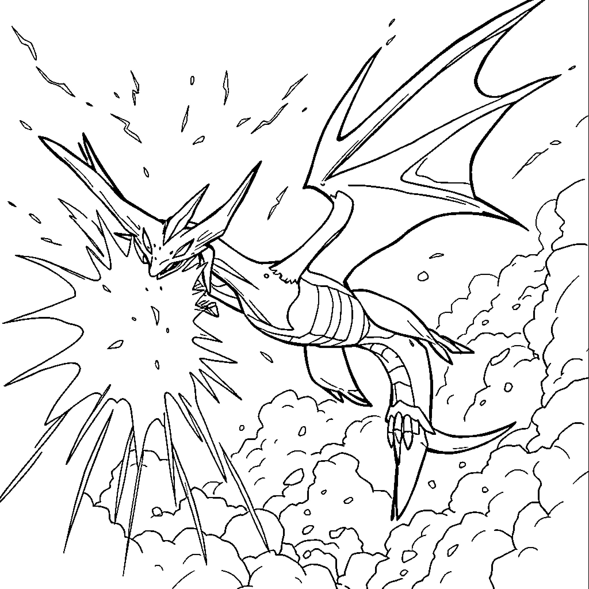 Rayquaza in majestic flight through the clouds Coloring Page (free black-and-white line drawing printable PDF for all, from beginners to advanced learners, including children, teens, adults, and seniors)