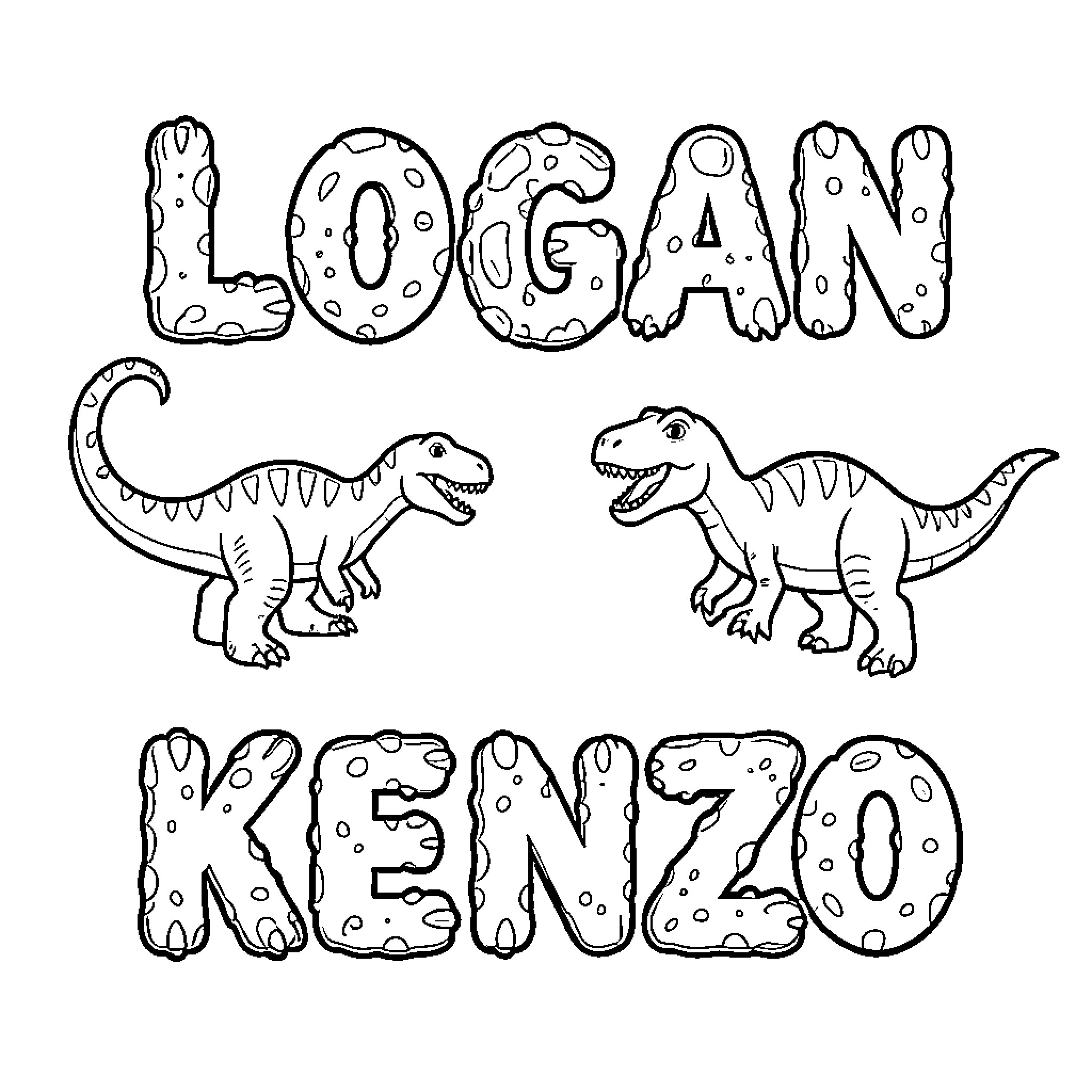 Dinosaur characters standing between two names Coloring Page (free black-and-white line drawing printable PDF for all, from beginners to advanced learners, including children, teens, adults, and seniors)