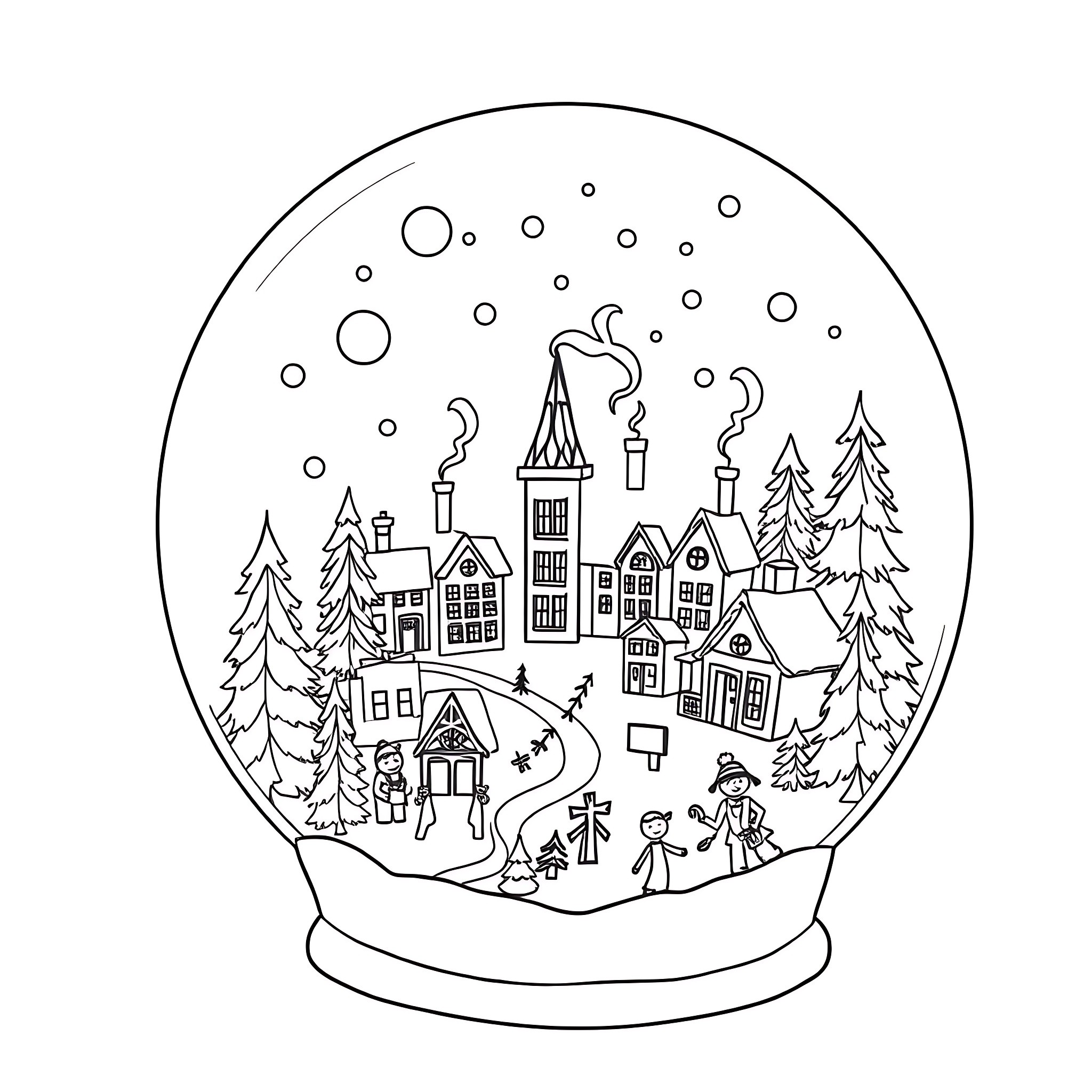 Snowglobe depicting a winter village scene Coloring Page (free black-and-white line drawing printable PDF for all, from beginners to advanced learners, including children, teens, adults, and seniors)