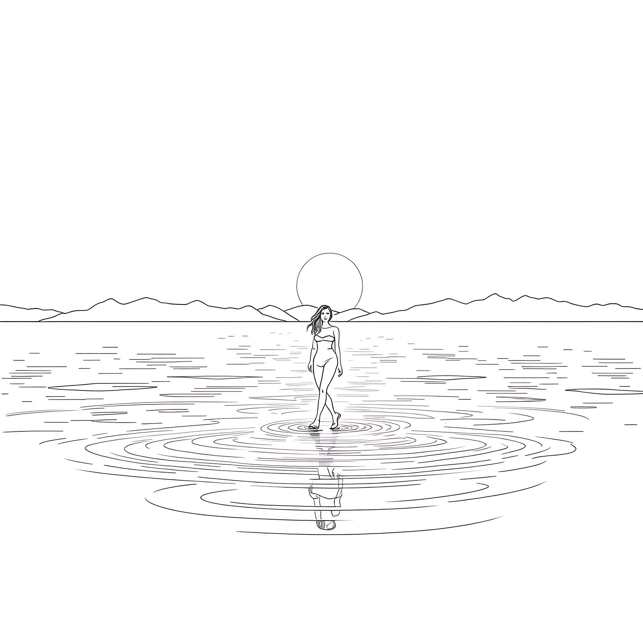 Woman standing in tranquil water at sunset Coloring Page (free black-and-white line drawing printable PDF for all, from beginners to advanced learners, including children, teens, adults, and seniors)